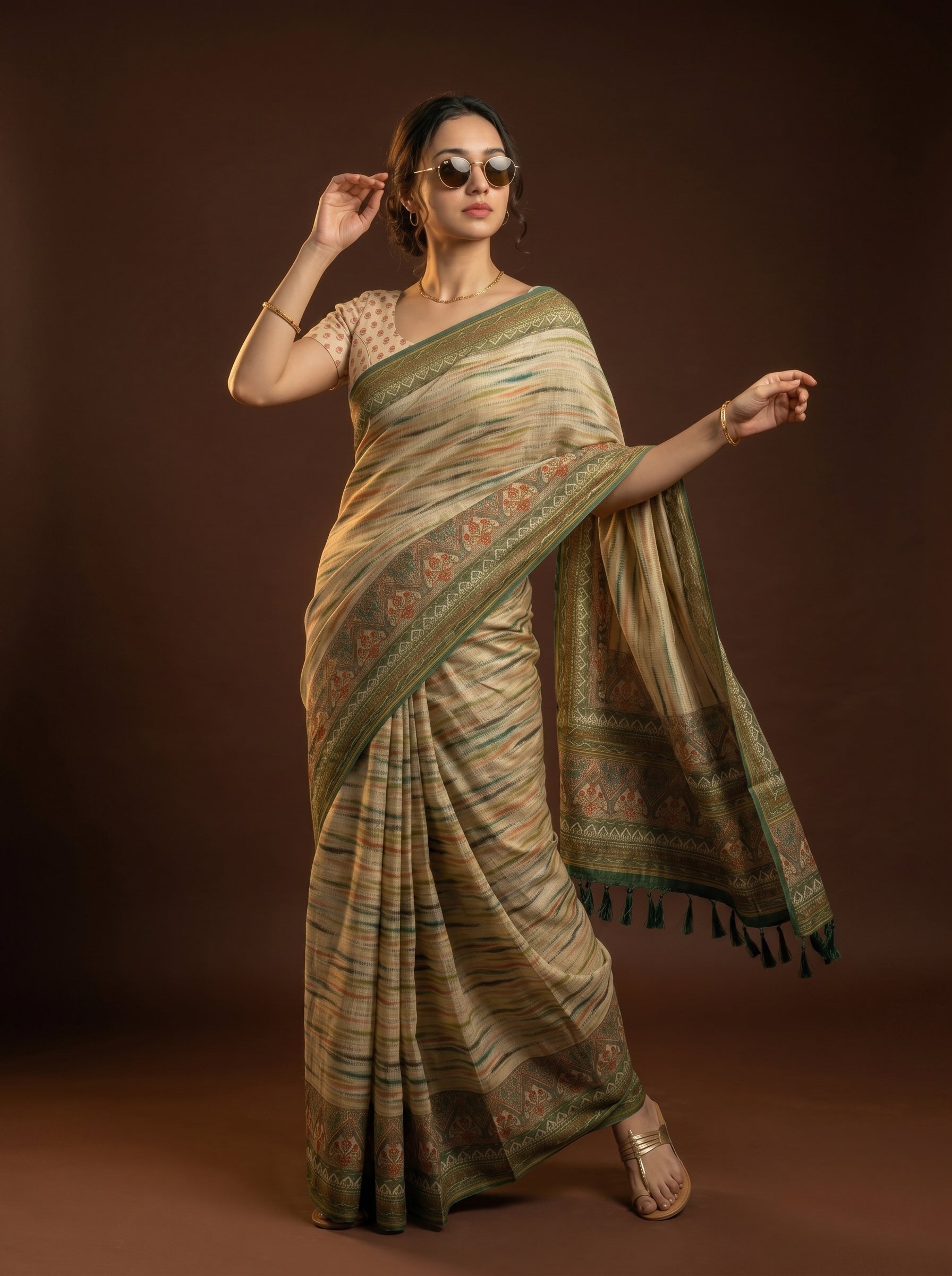Woman wearing a traditional saree with a brown background