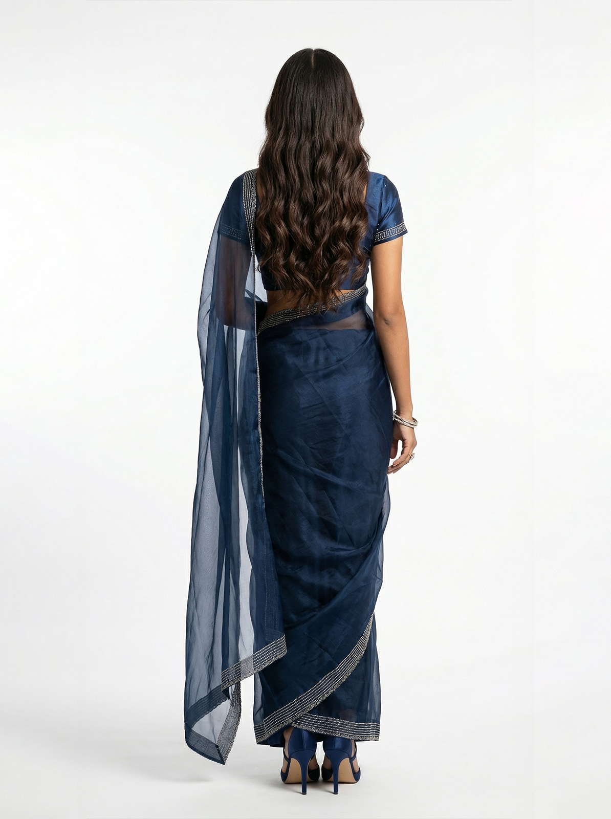 Organza Navy Blue Minimal Small Stone Work  Border Designer Saree