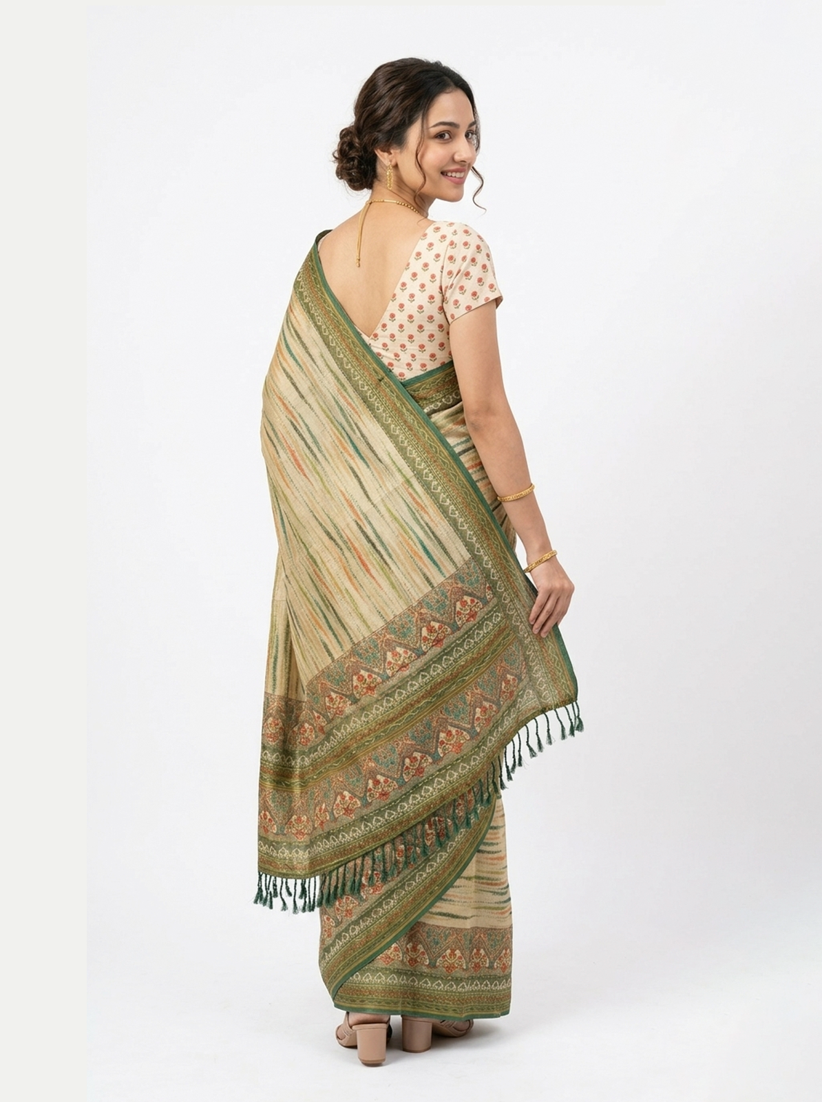 Semi Cotton Beige Multicolor Stripe Border Saree