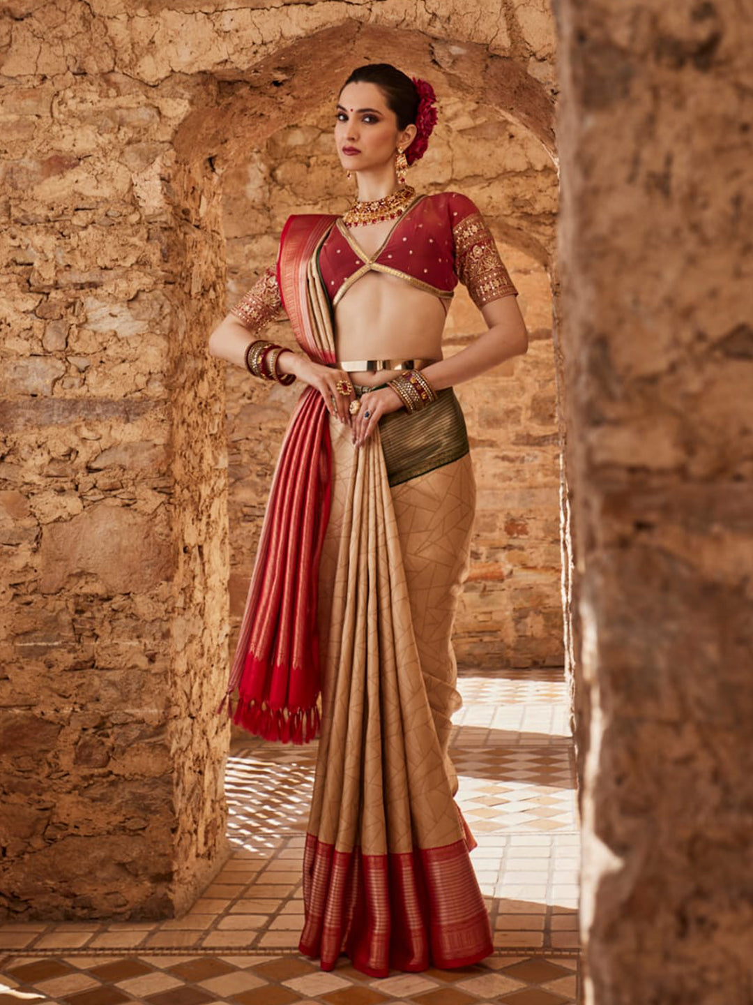 Beige With Red Border Kanjeepuram Silk Saree
