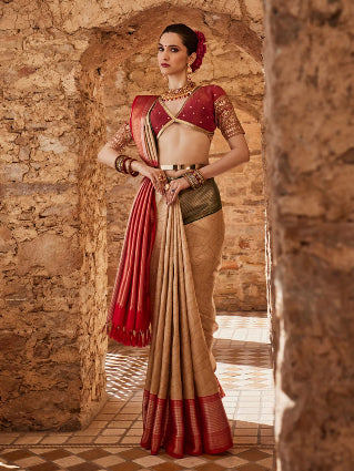 Kanjivaram Silk Royal Beige Saree with Red Zari Border – Luxury Bridal & Wedding Wear