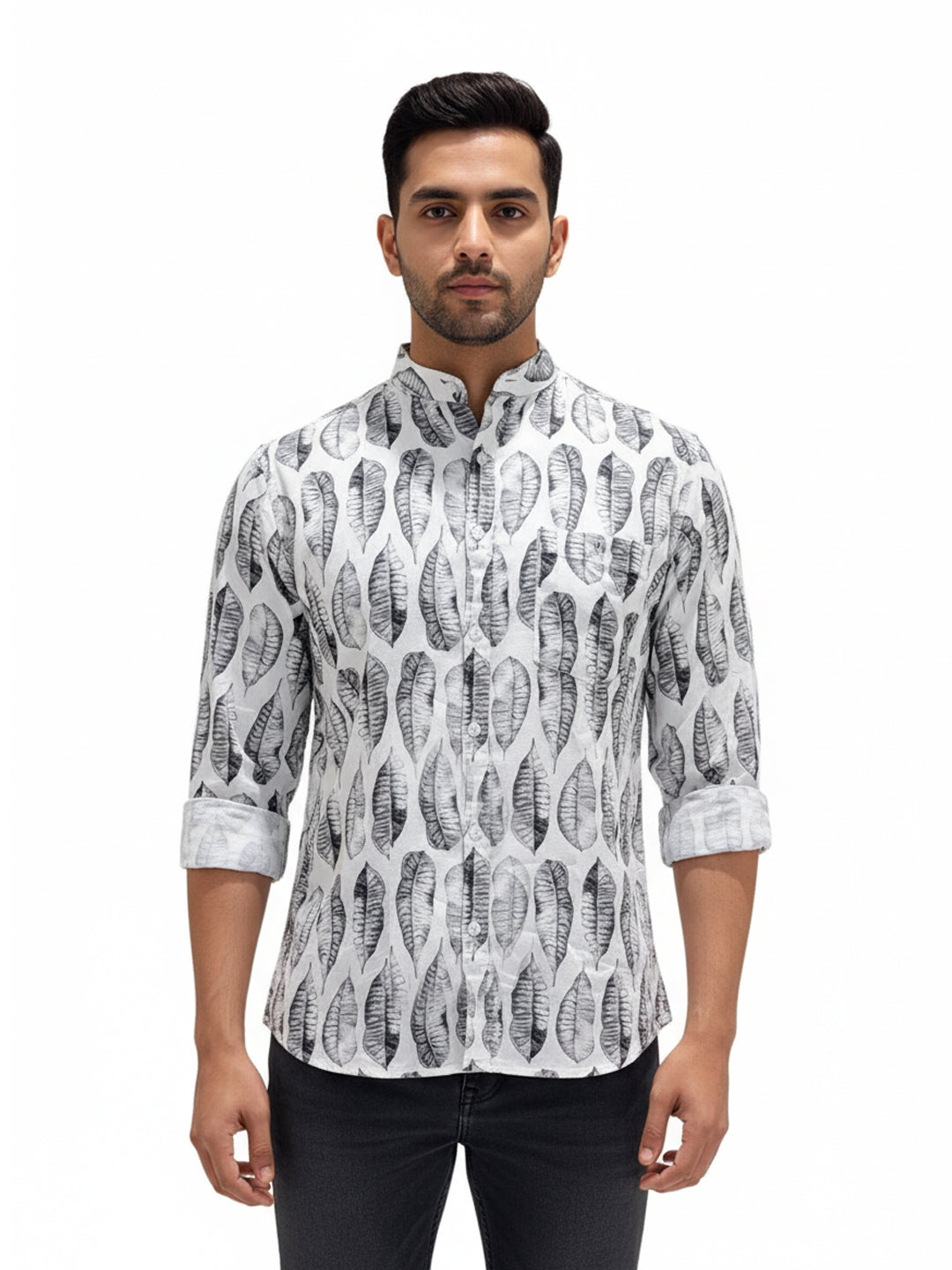 White Base With bold Black leaf Print Gents Shirt