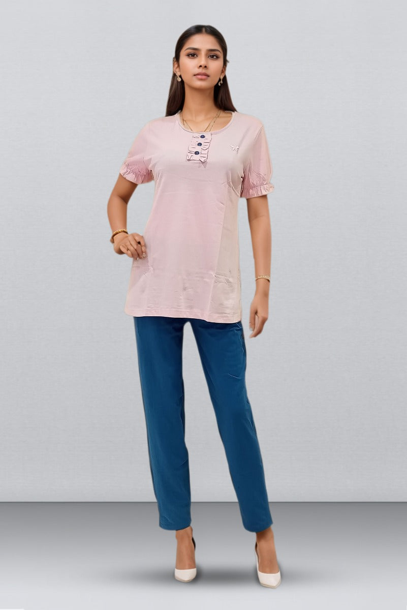 Pomees’s Baby Pink & Steel Blue Color Banyan Sleep Wear