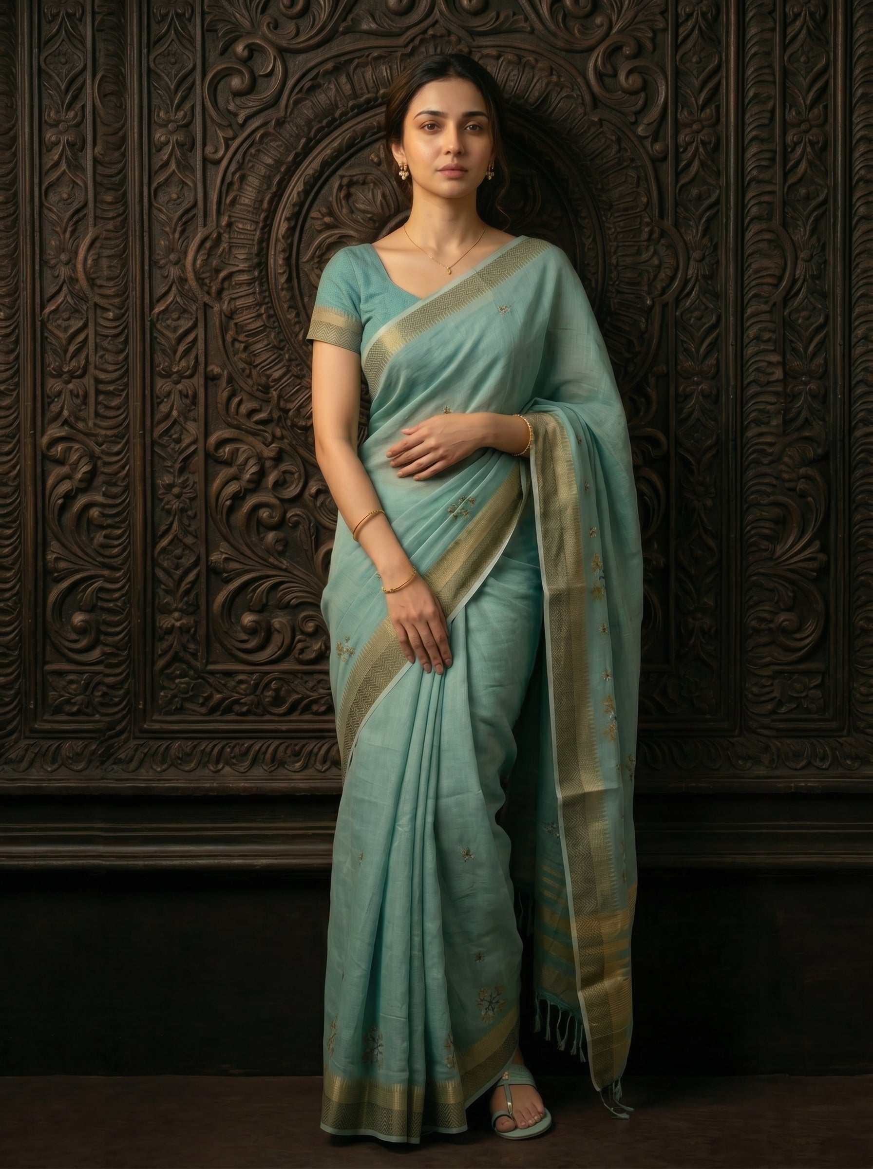 Woman in a light blue saree standing against an ornate dark wooden background