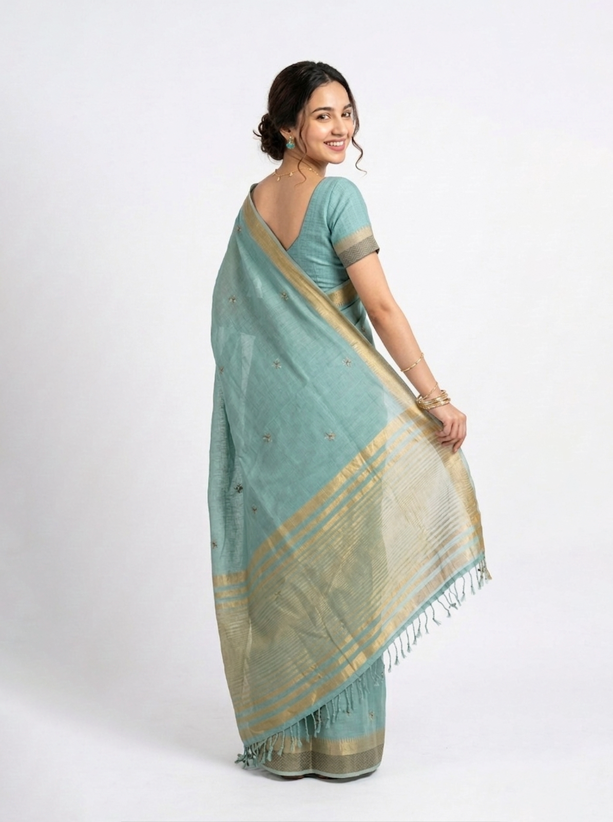 Cotton Mint Green Embroidered Saree