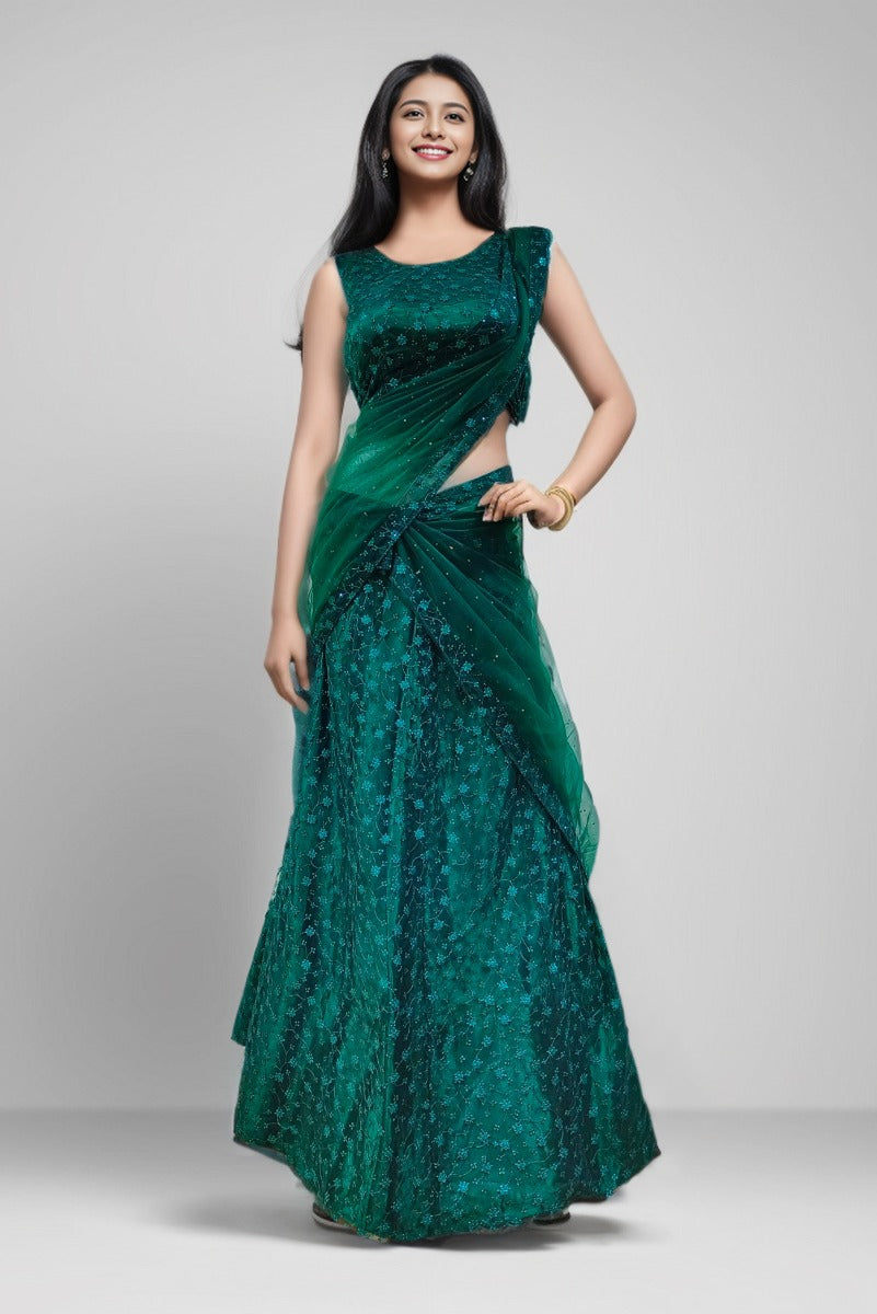 Forest Green Color Net Dhavani With Thread Work