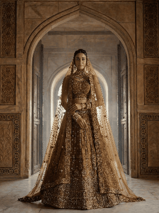 Woman in traditional embroidered outfit standing in an ornate archway