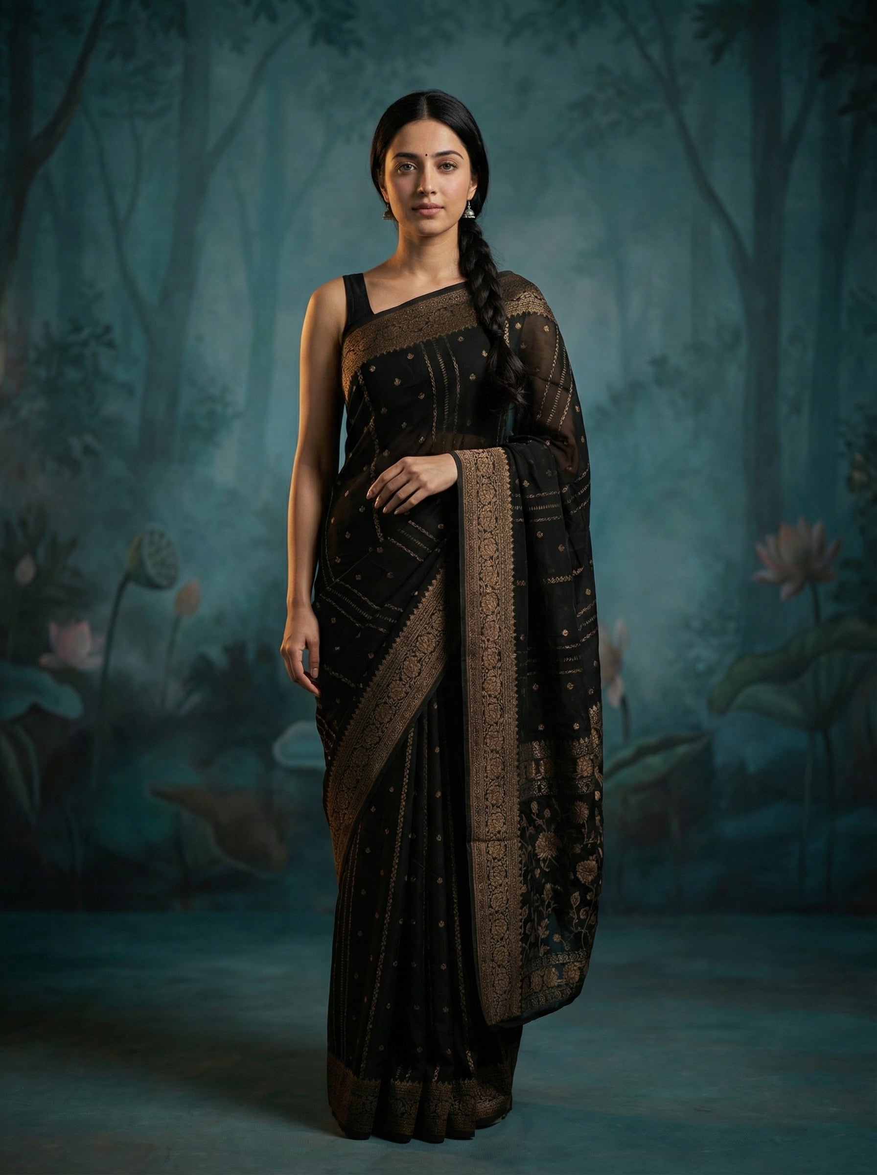 Georgette Banarasi  Charcoal Black Gold Zari Stripe Saree