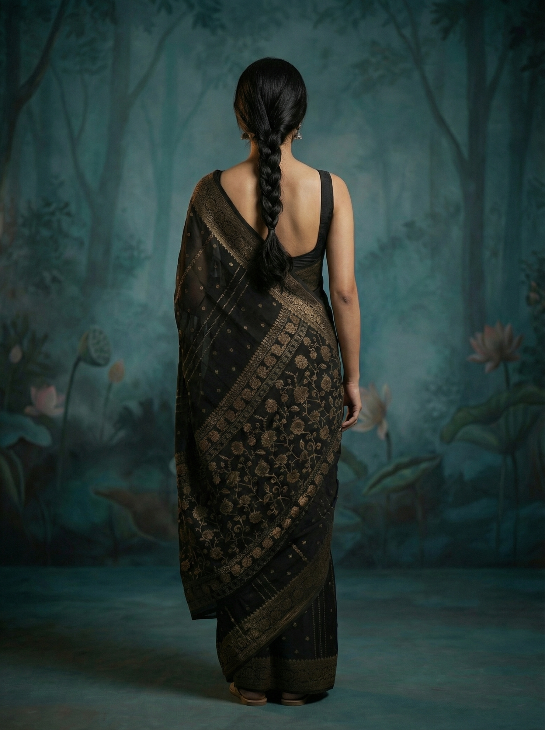 Georgette Banarasi  Charcoal Black Gold Zari Stripe Saree