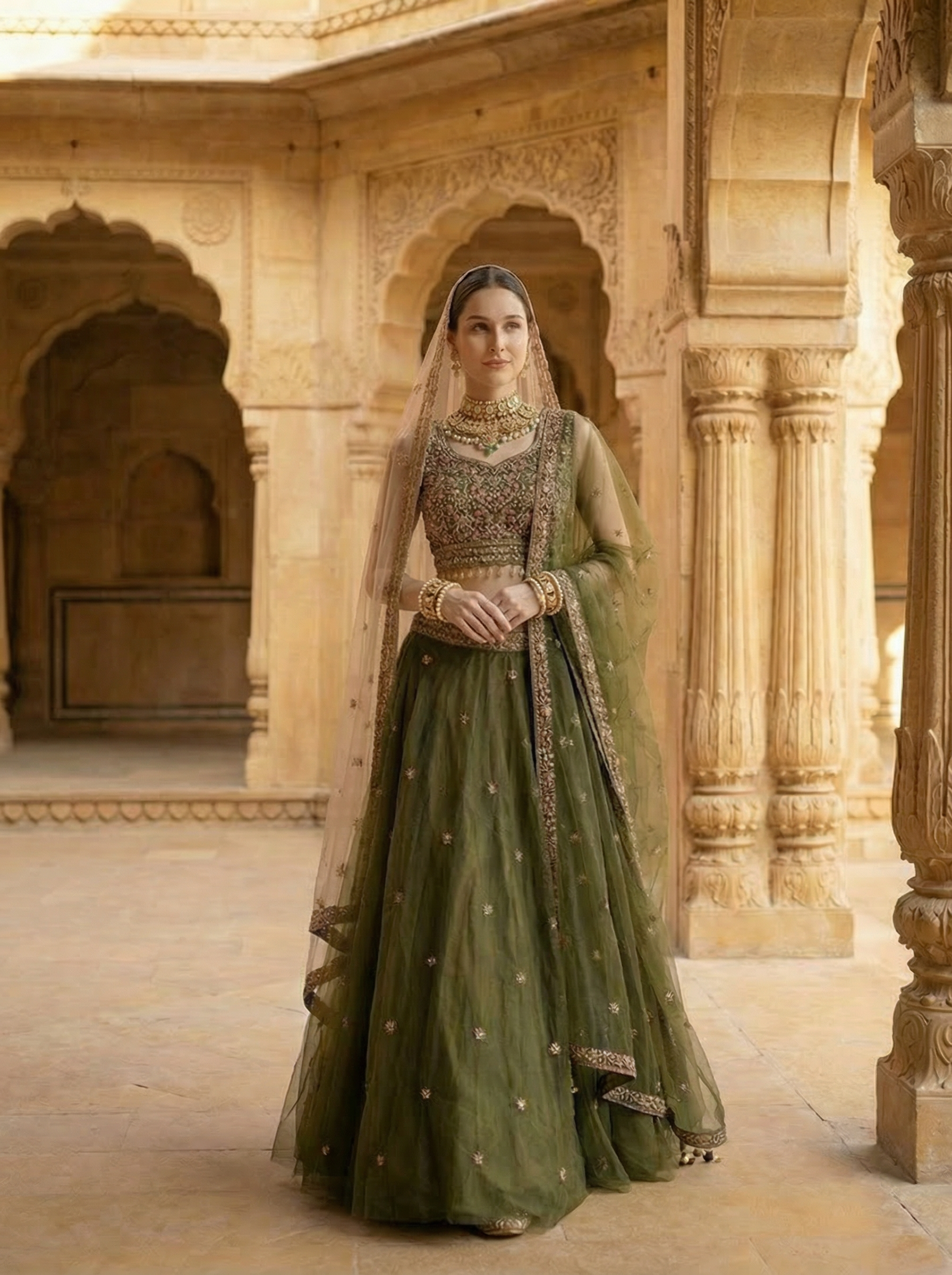 Bridal Green Lehenga Set with Handworked Bead & Sequin Embellishments