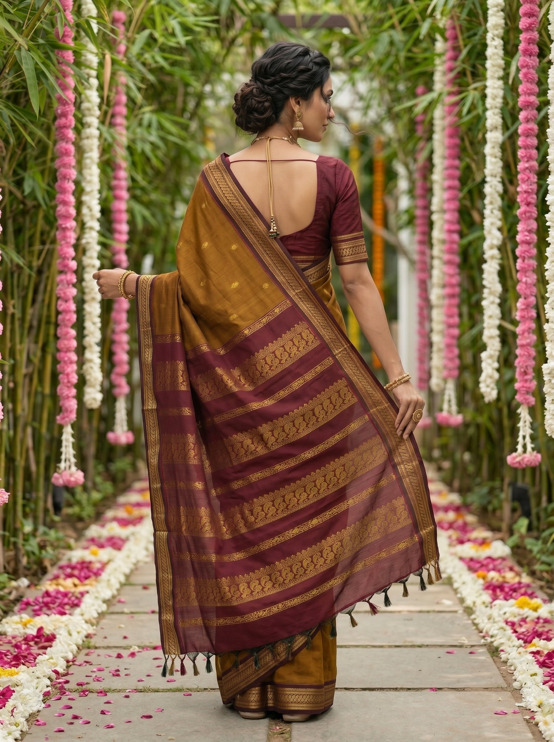 Kalyani Cotton Mustard Brown Butta Pattern Saree with Maroon Woven Pallu