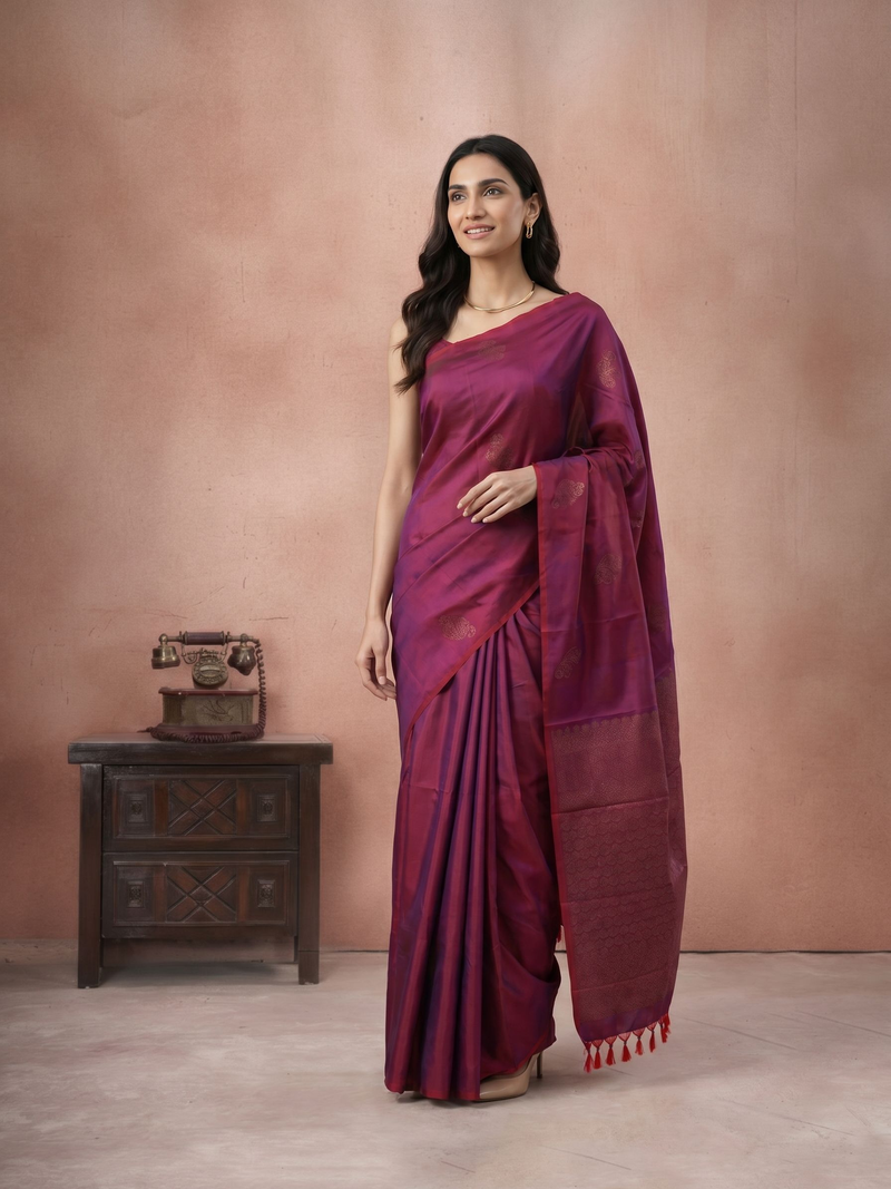Woman wearing a purple saree standing against a plain background