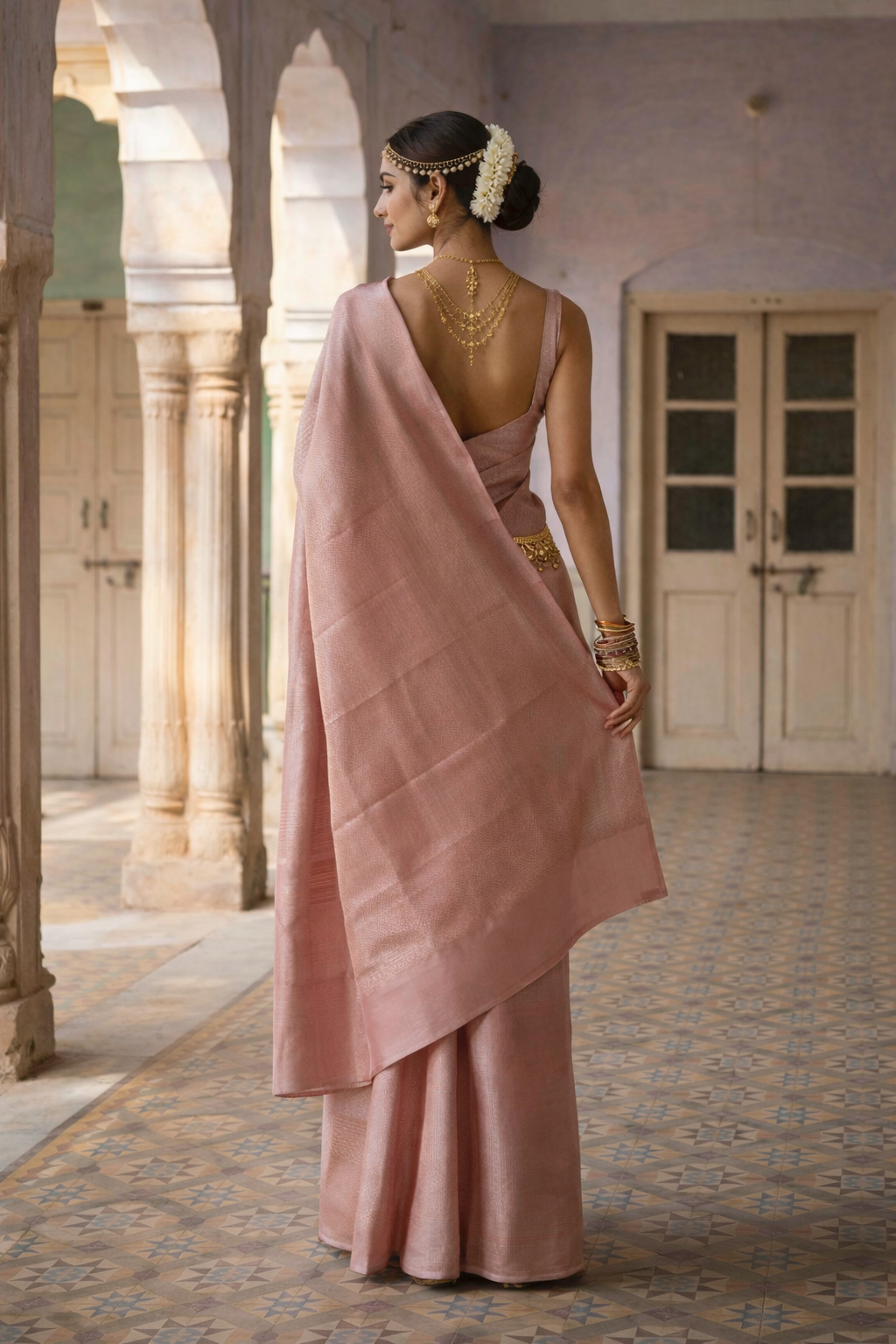 Kanjivaram Silk Brocade Blush Pink Saree with Minimal Woven Border