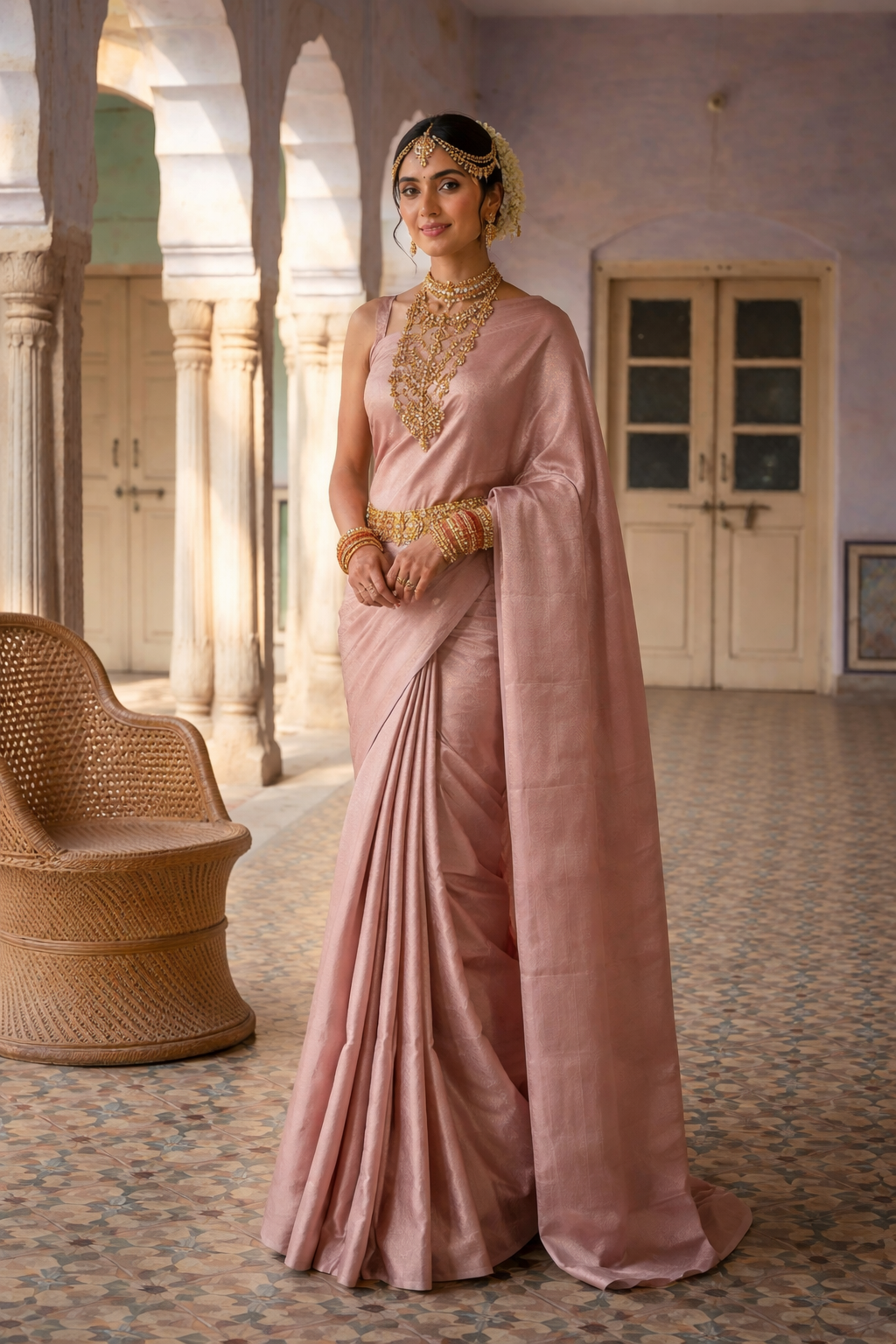 Kanjivaram Silk Brocade Blush Pink Saree with Minimal Woven Border