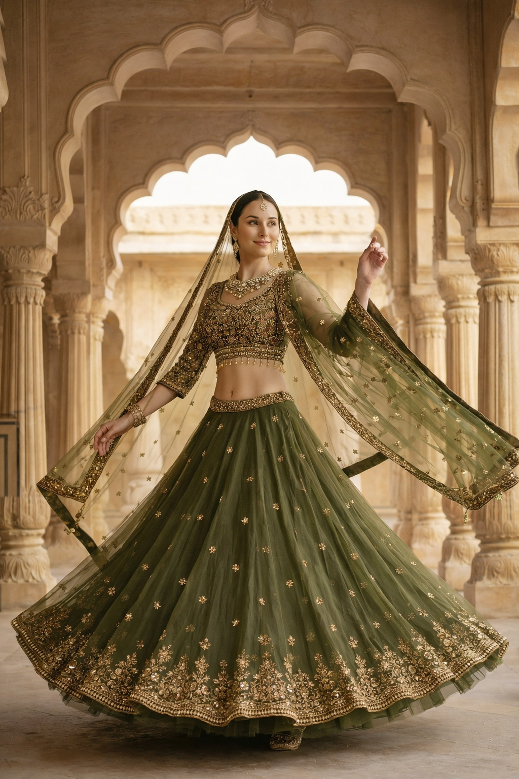 Bridal Green Lehenga Set with Handworked Bead & Sequin Embellishments