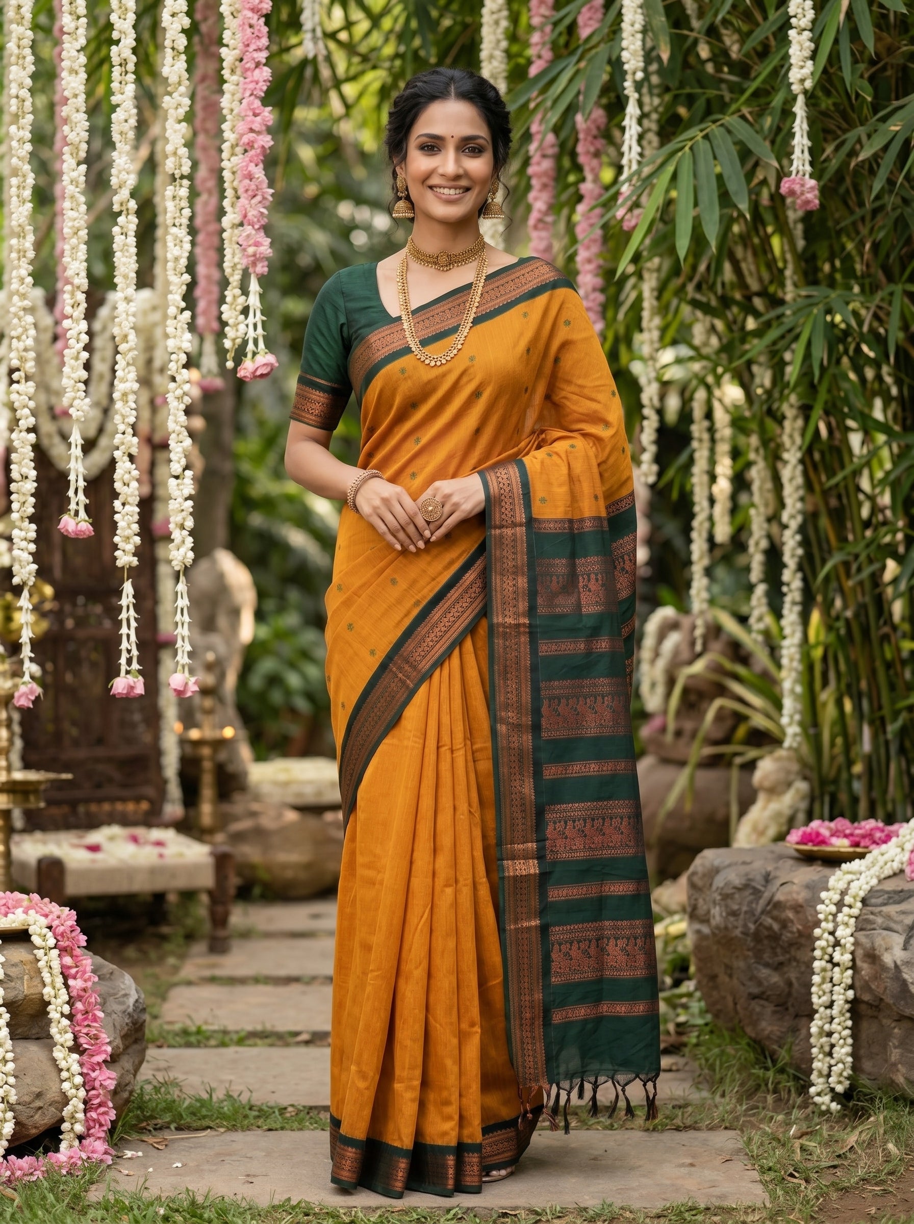 Kalyani Cotton Mustard Yellow Butta Pattern Traditional Saree with Green Woven Border