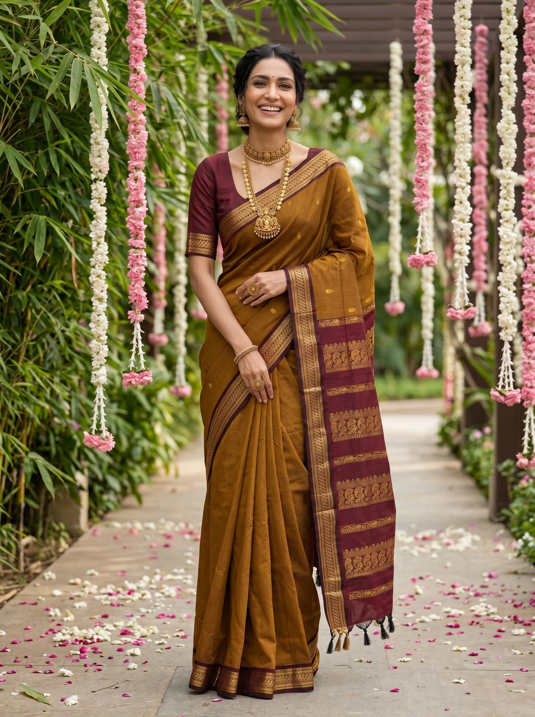 Kalyani Cotton Mustard Brown Butta Pattern Saree with Maroon Woven Pallu