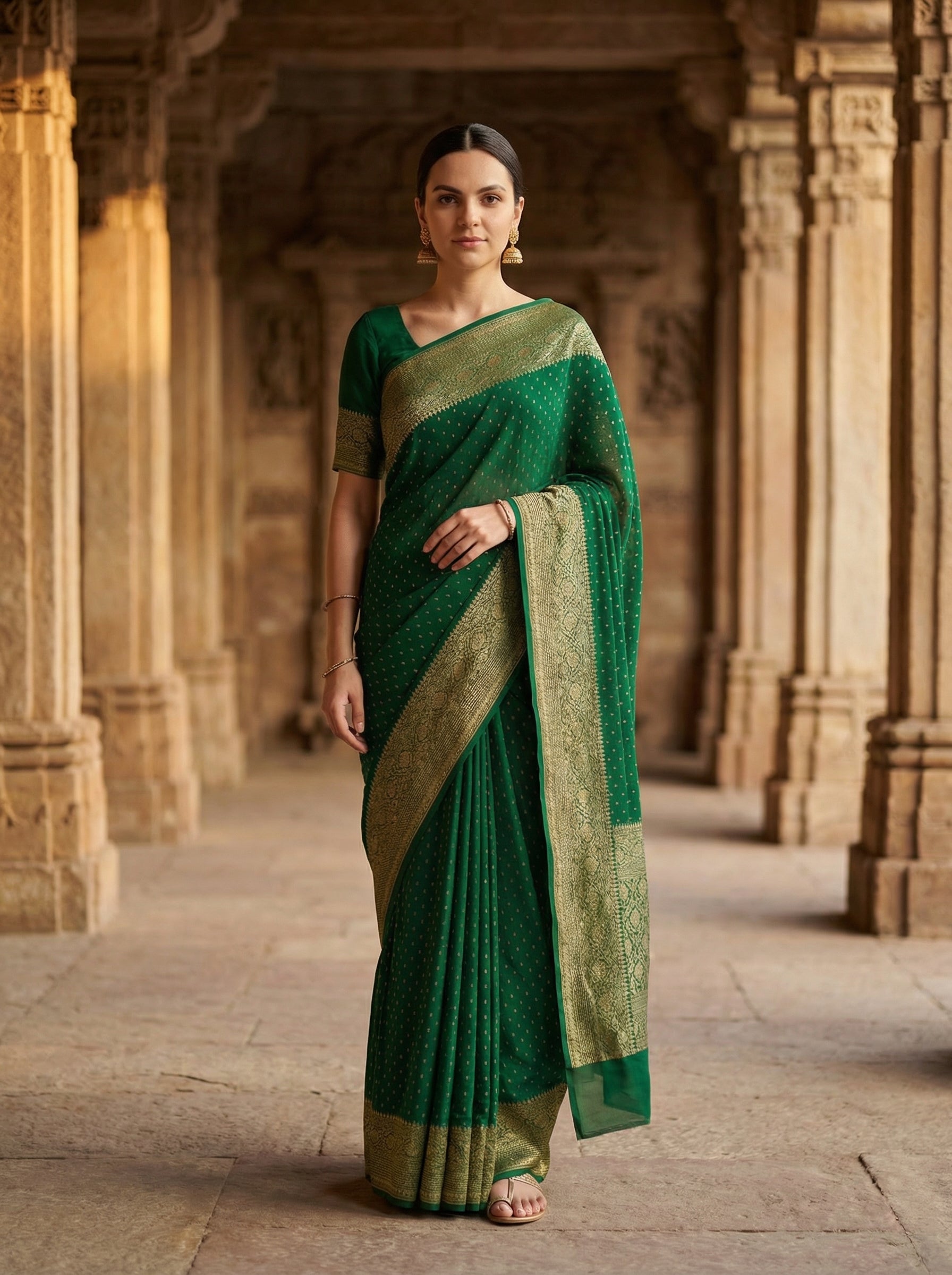 Georgette Banarasi  Emerald Green Zari Dotted Saree
