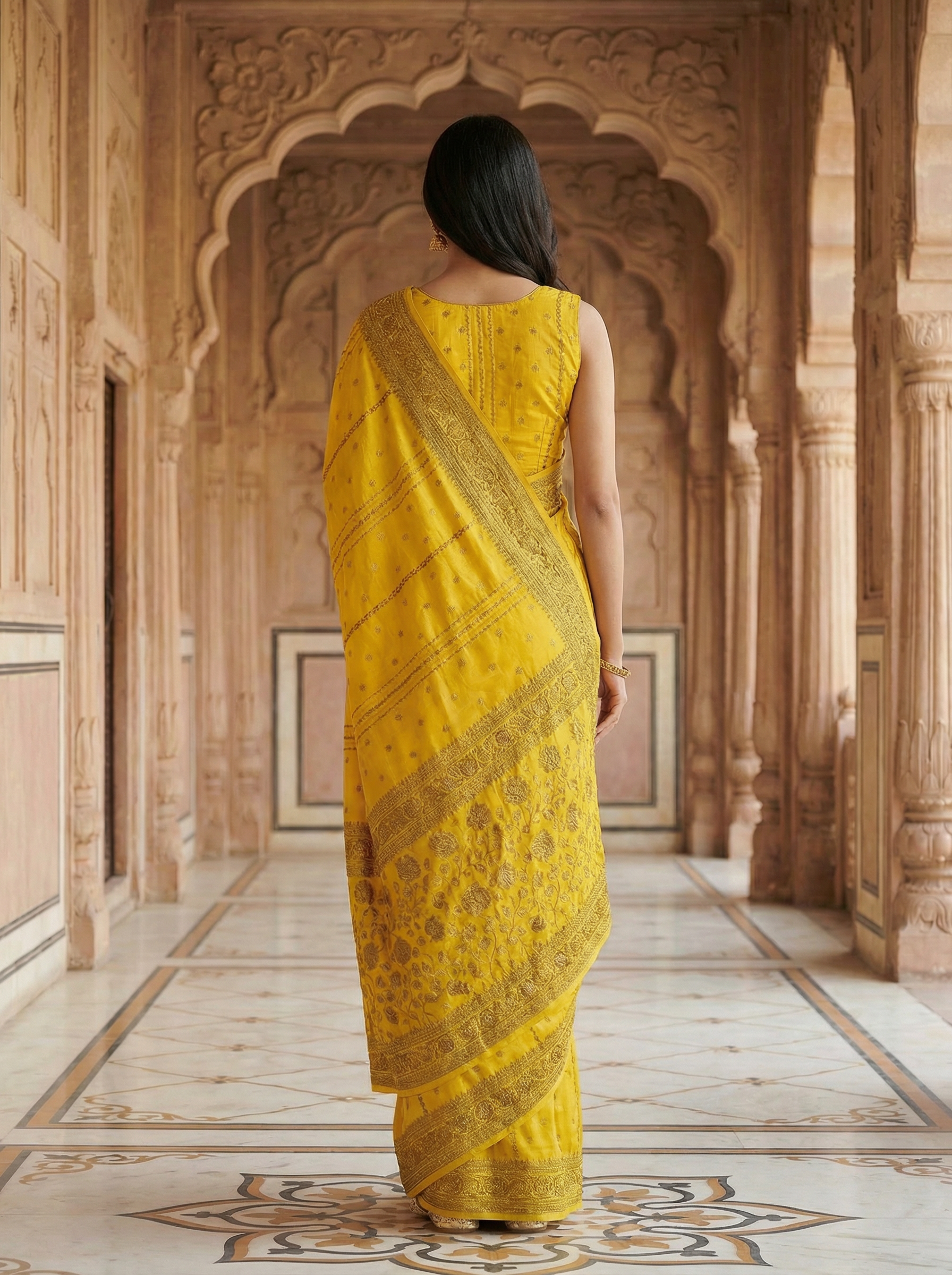 Georgette Banarasi  Sunflower Yellow Gold Butti Saree