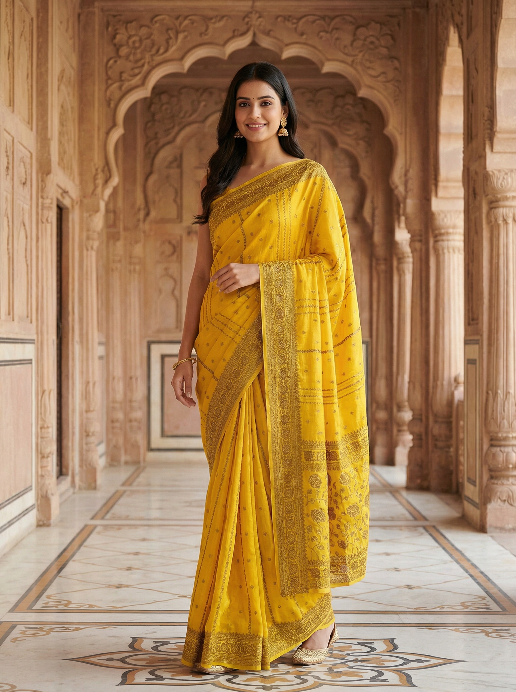 Georgette Banarasi  Sunflower Yellow Gold Butti Saree