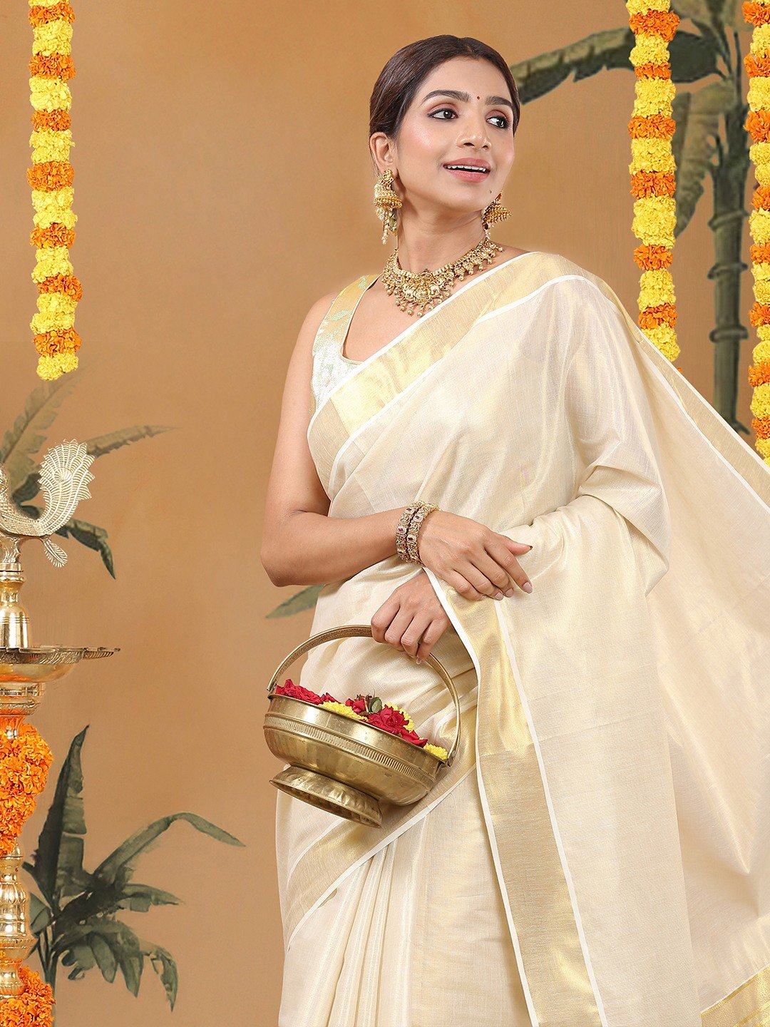 Tissue Golden  Plain Set Saree with Classic Golden Stripes on a Kasavu-Bordered Pallu.