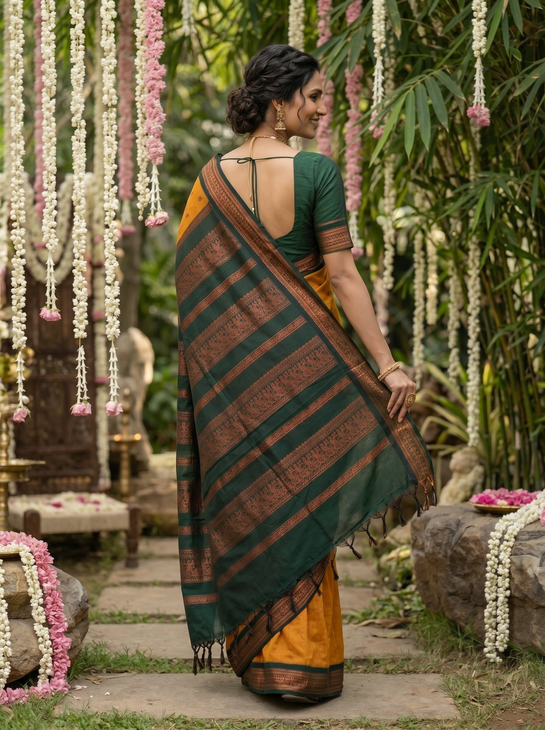 Kalyani Cotton Mustard Yellow Butta Pattern Traditional Saree with Green Woven Border