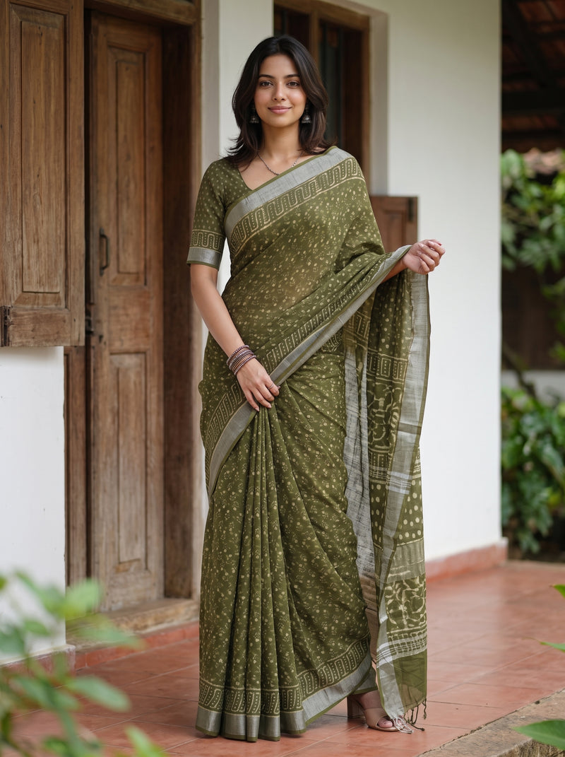 A woman modeling an olive green saree with a subtle dotted pattern and a contrasting gray border, standing on a terracotta tiled porch in front of a white wall and wooden door.