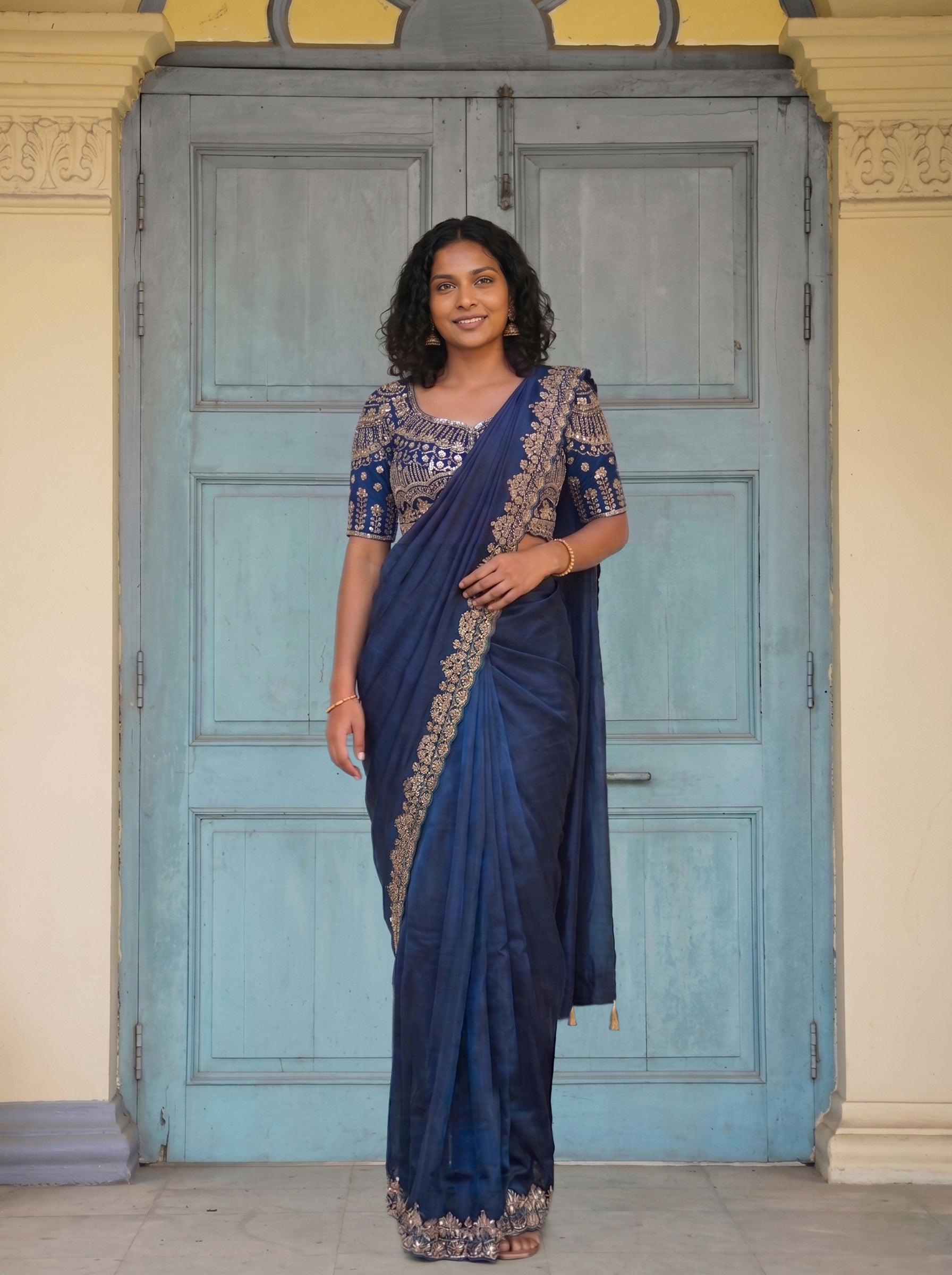 Shimmer Organza Navy Blue Designer Embroidered Border Ready to Wear Saree