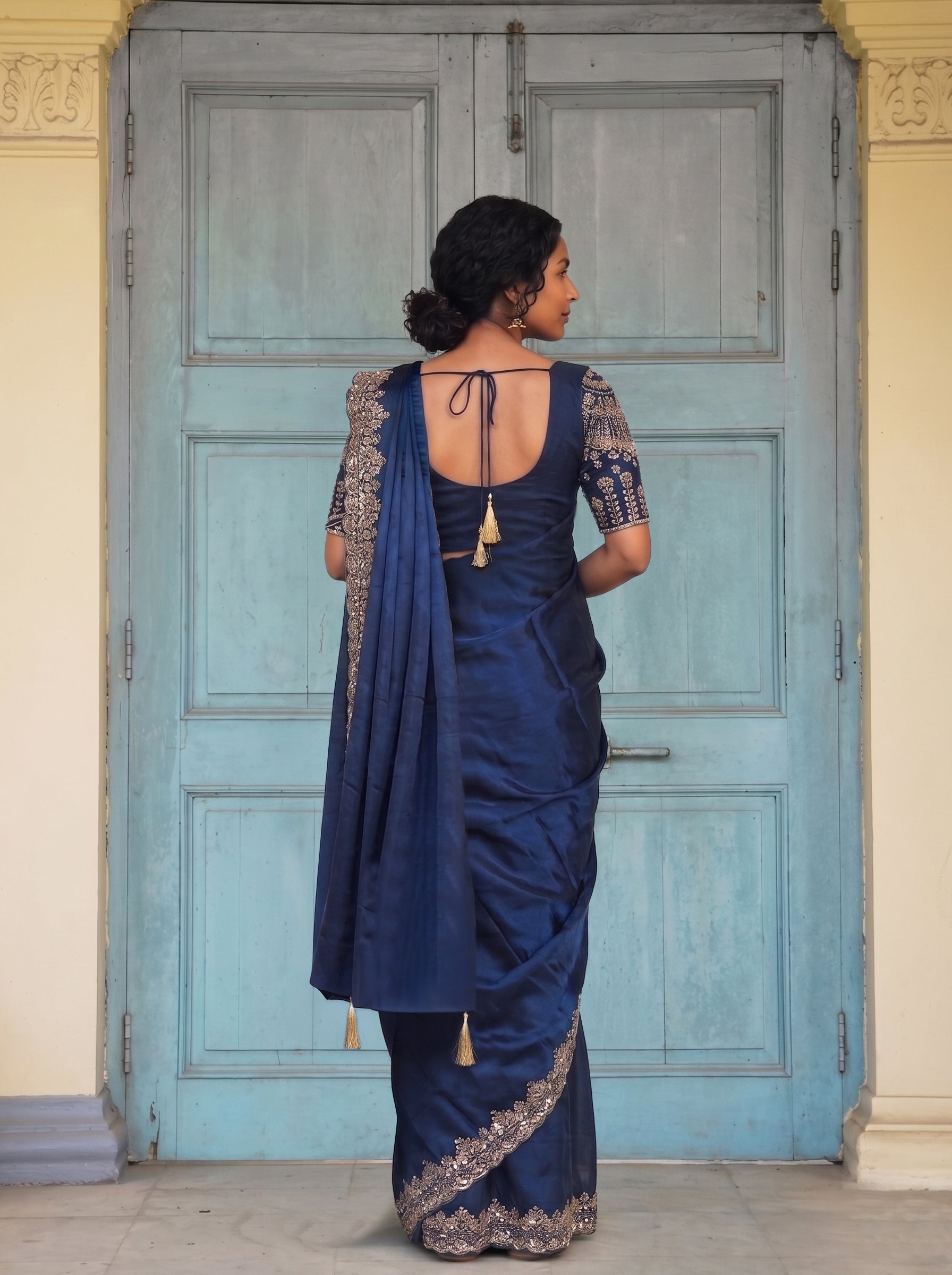 Shimmer Organza Navy Blue Designer Embroidered Border Ready to Wear Saree