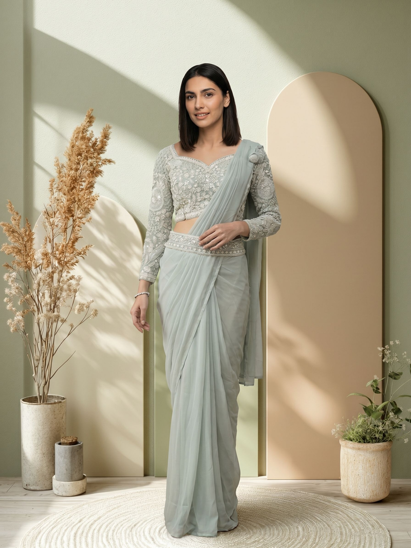 Woman in a light gray saree standing in a well-lit room with plants.