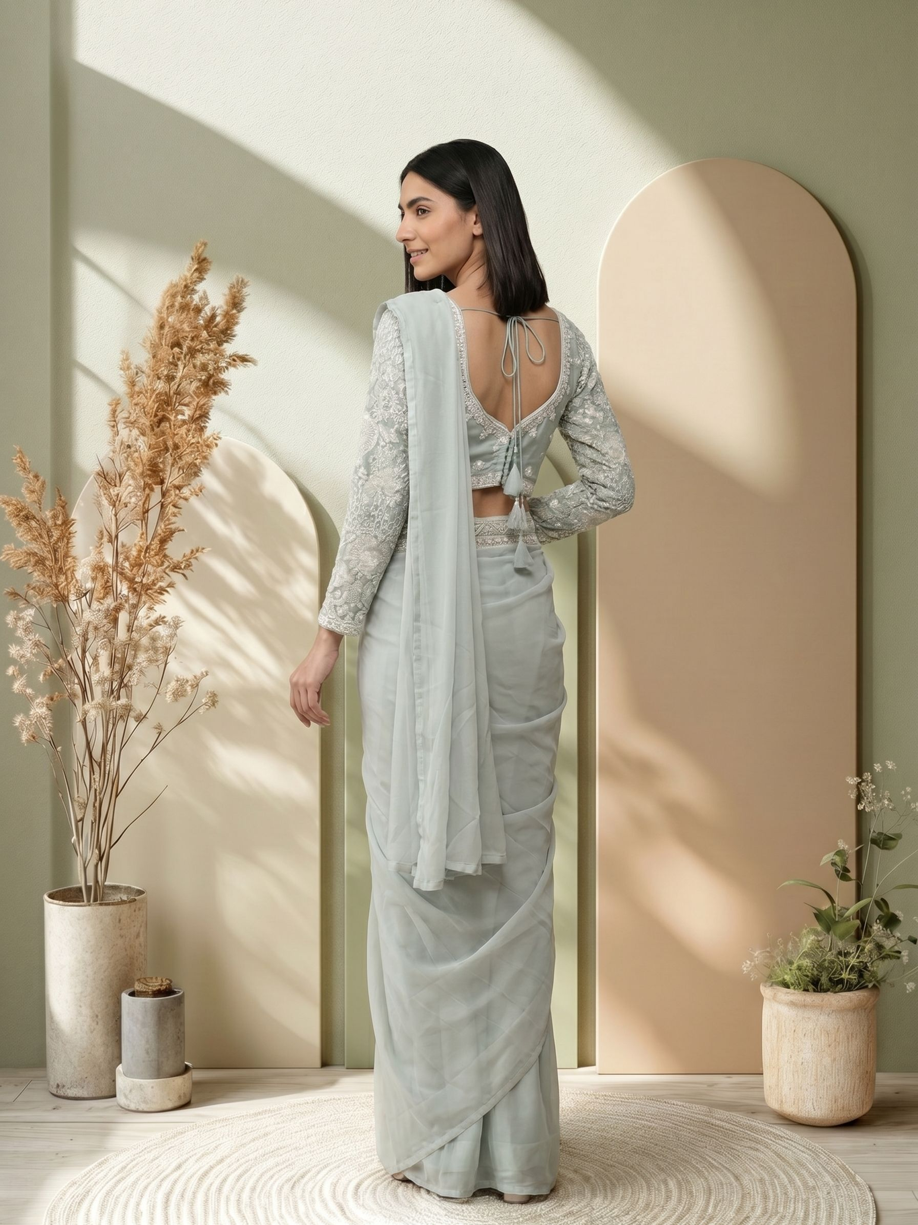 Georgette Mint Grey Floral Embroidered Ready to Wear Saree