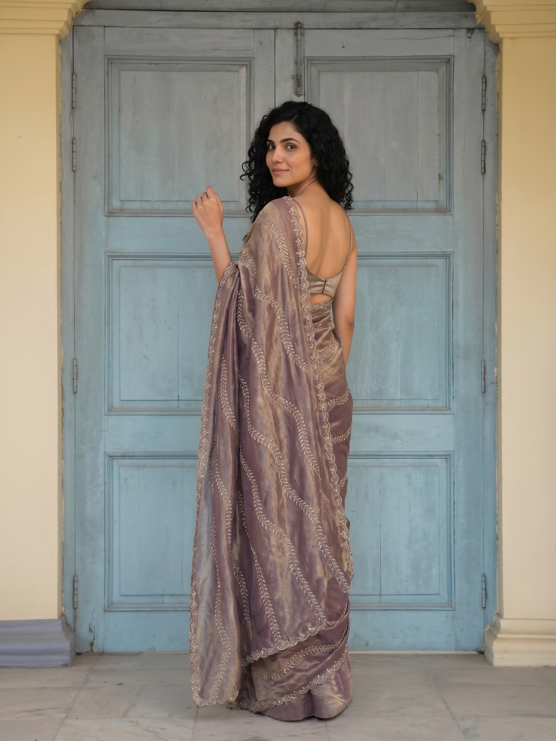Shimmer Organza Mauve Gold Festive Wear Fancy Designer Saree