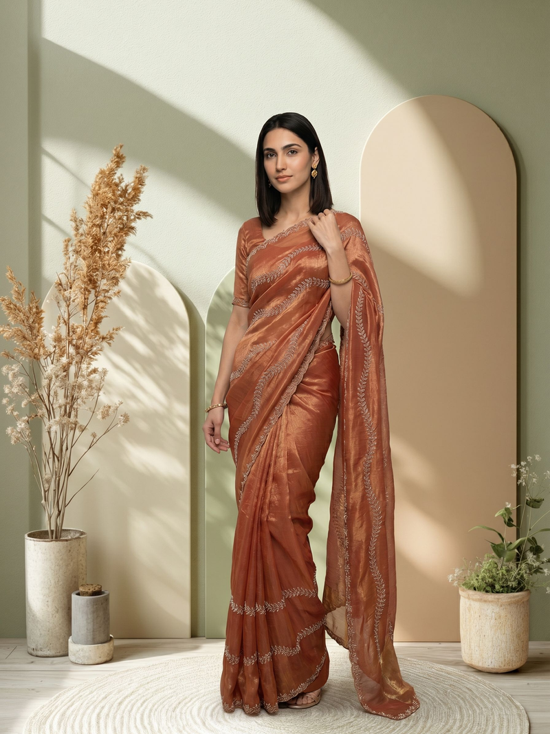 Woman in a rust-colored saree standing in a well-lit room with plants.