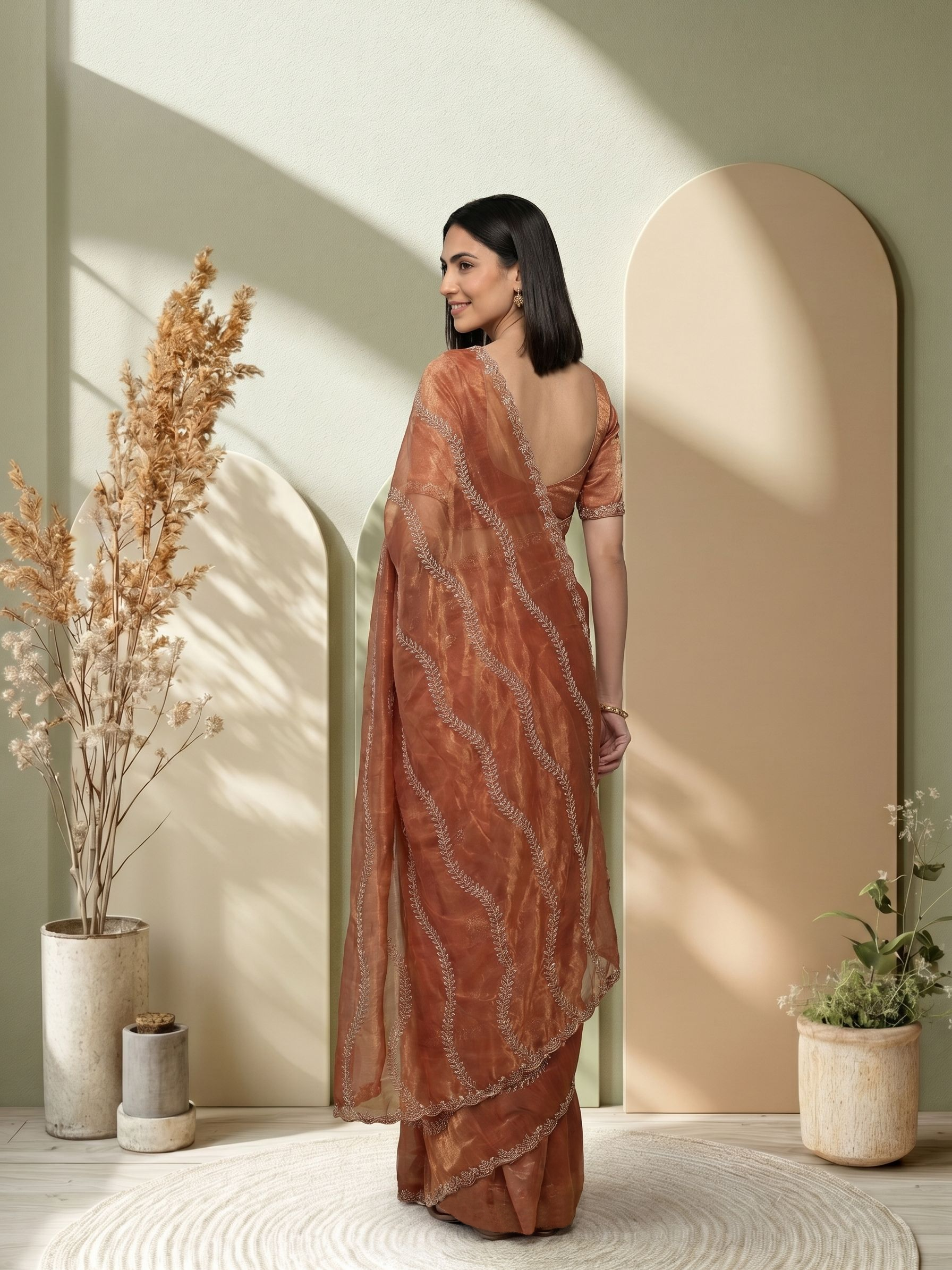 Shimmer Organza Rust Orange Embroidered Border Fancy Designer Saree