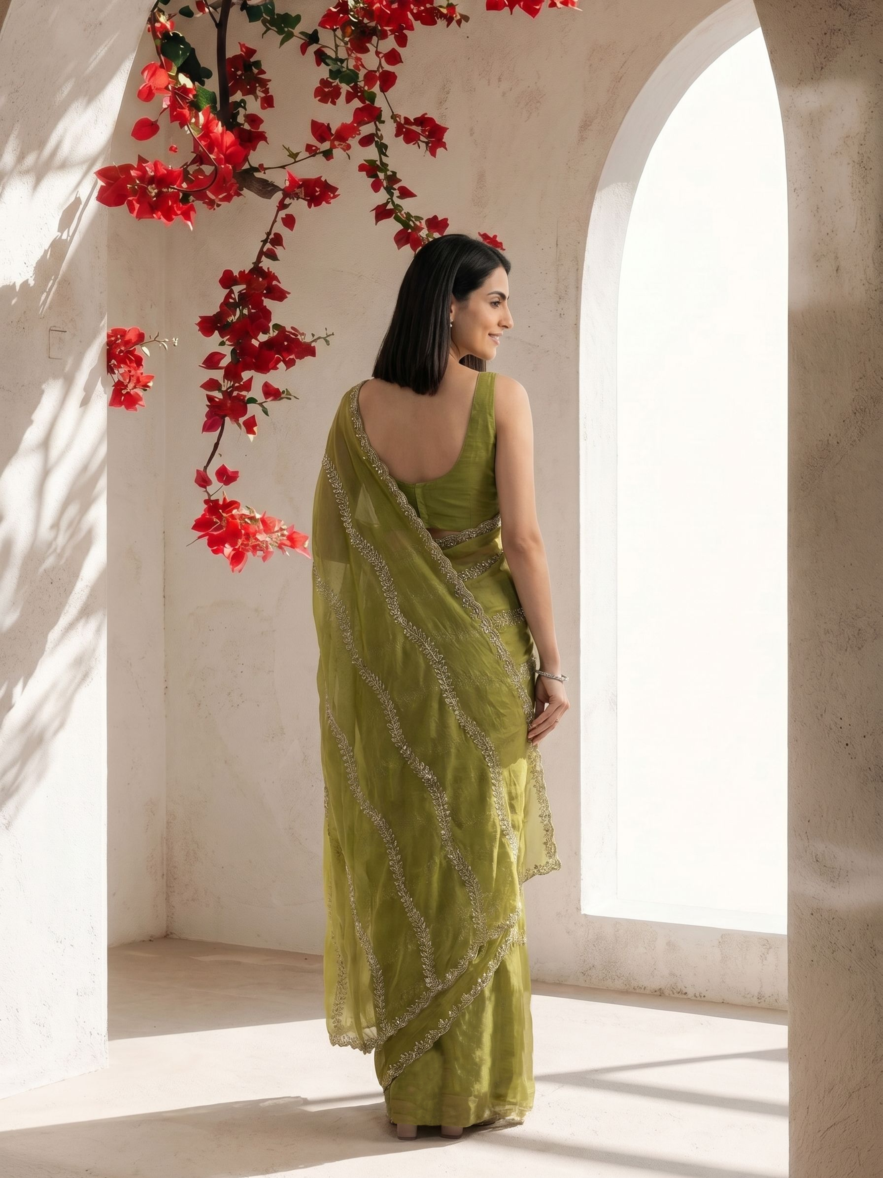 Shimmer Organza Olive Gold Elegant Embroidered Fancy Designer Saree