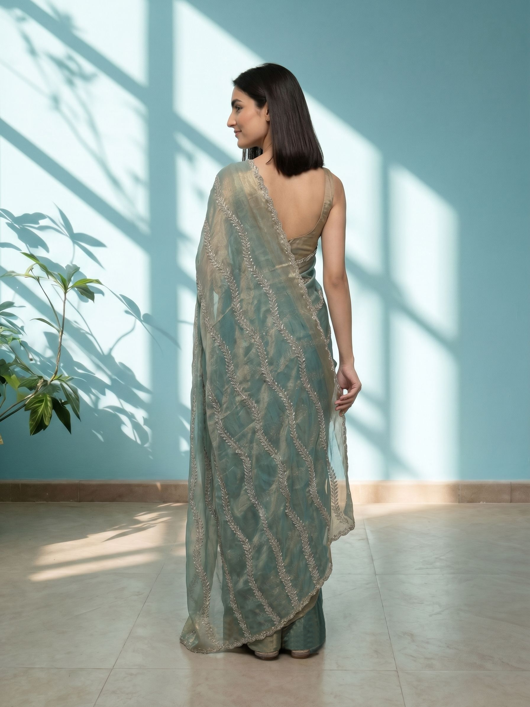 Shimmer Organza Sage Green Metallic Finish Fancy Designer Saree
