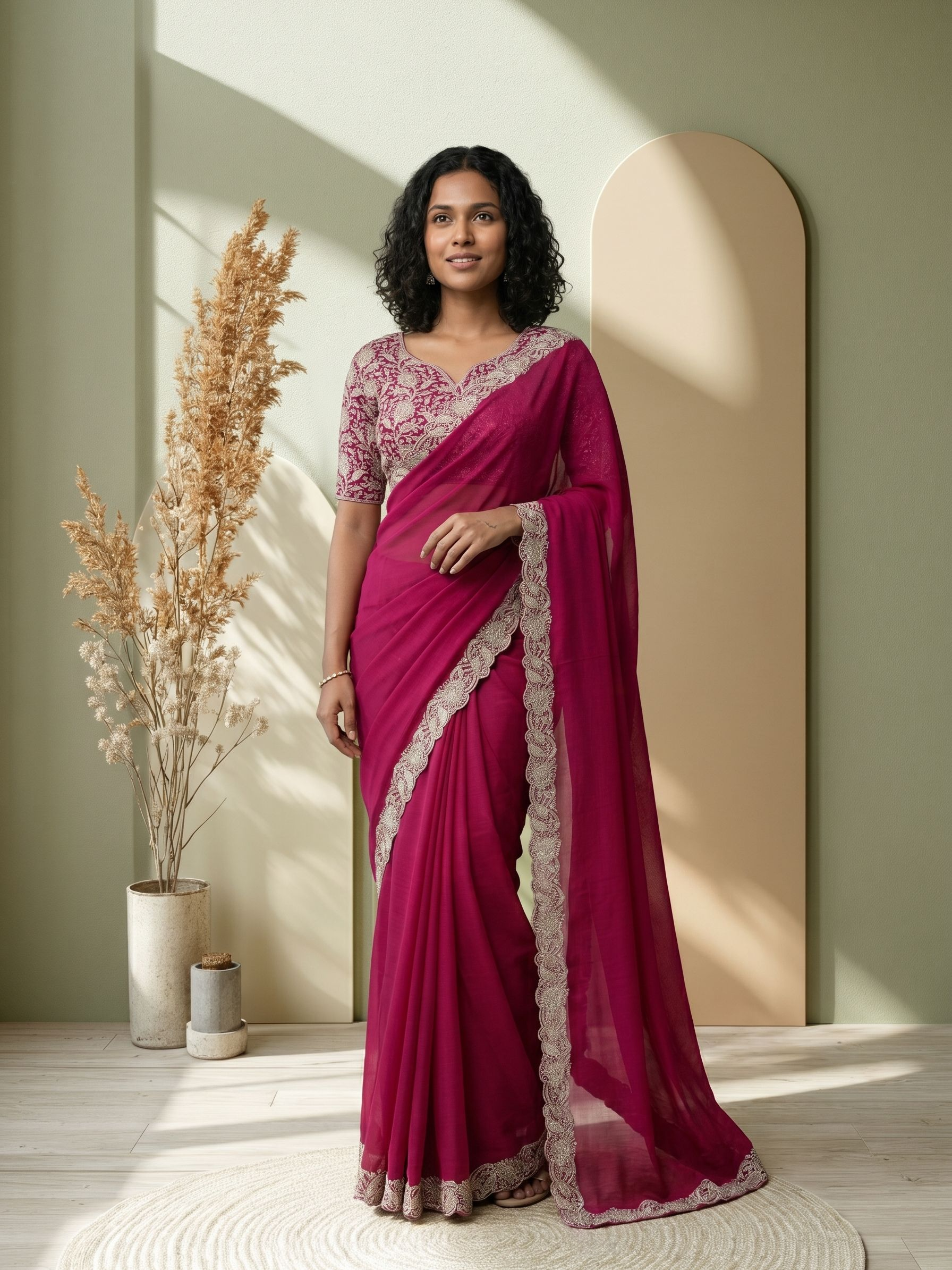 Woman in a pink saree standing in a well-lit room with a neutral color palette.