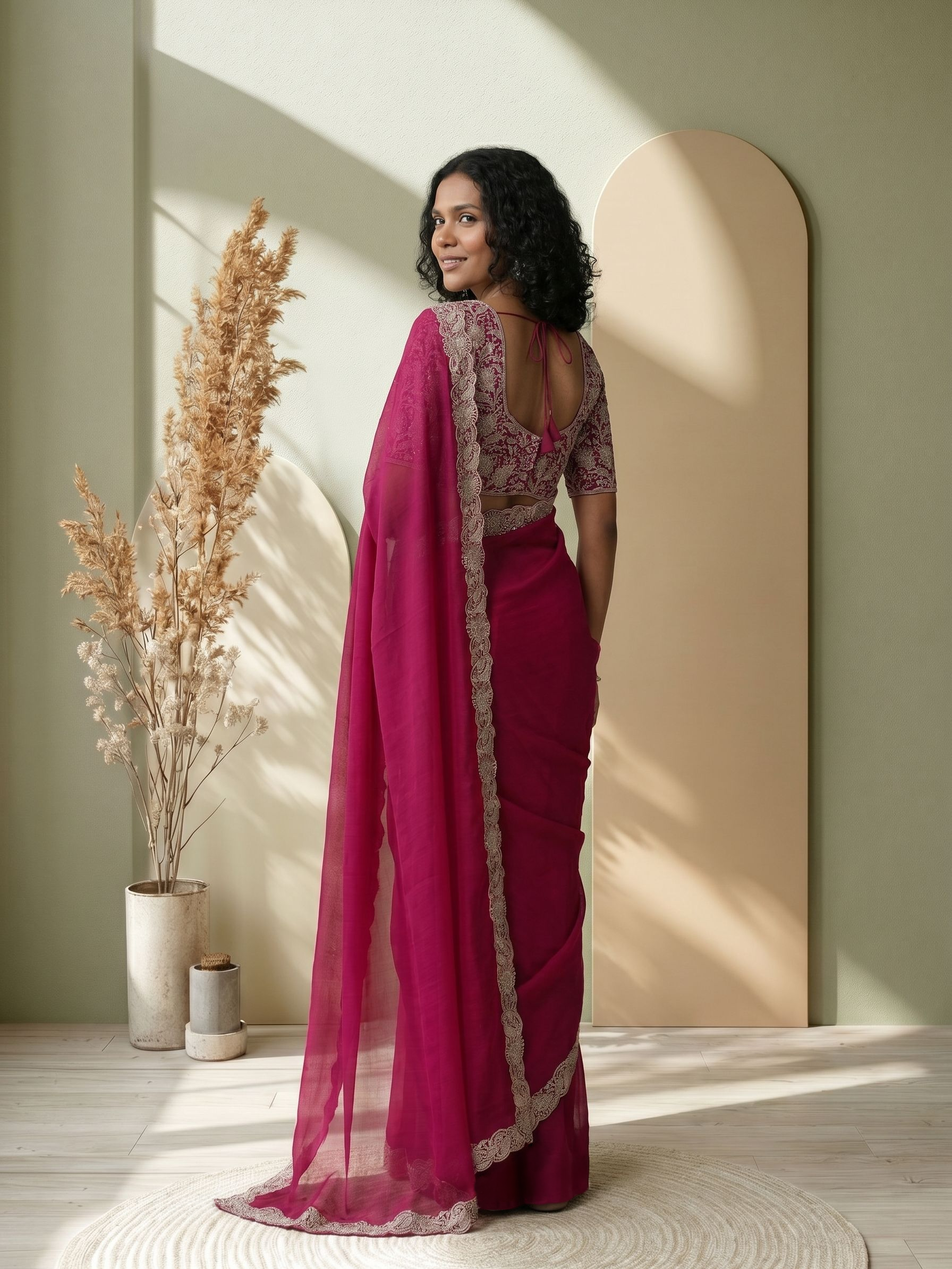 Vichitra silk Rani Pink Embroidered Border Fancy Designer Saree