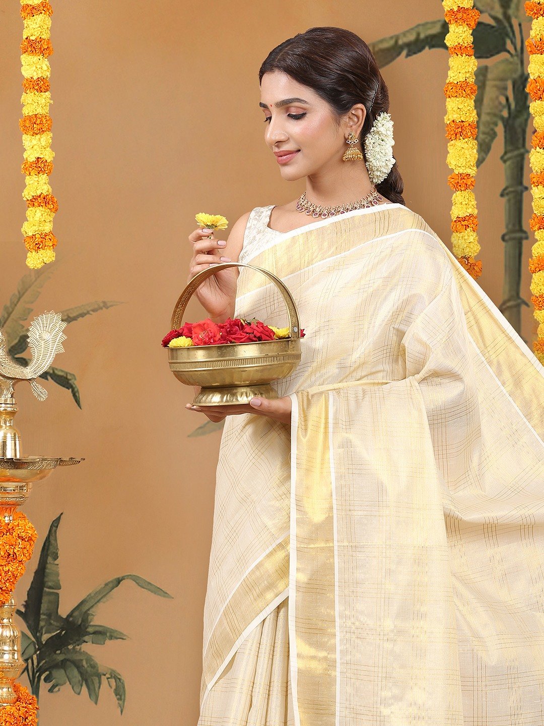 Kalyan Silks Golden Tissue Set Saree with Classic Four Lined Golden Check Design & Purple Accents Pallu