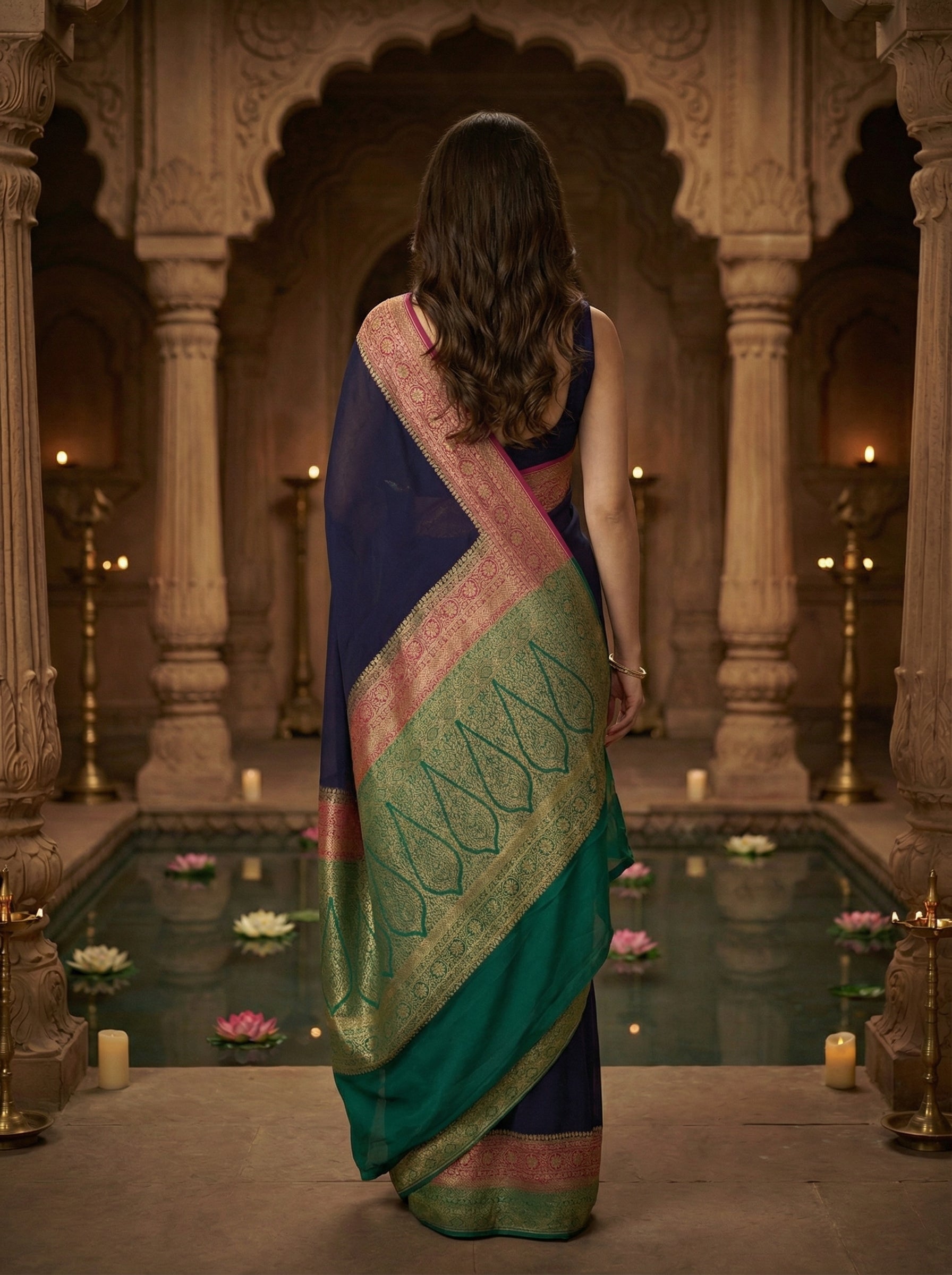 Georgette Banarasi  Midnight Blue Contrast Zari Border Saree