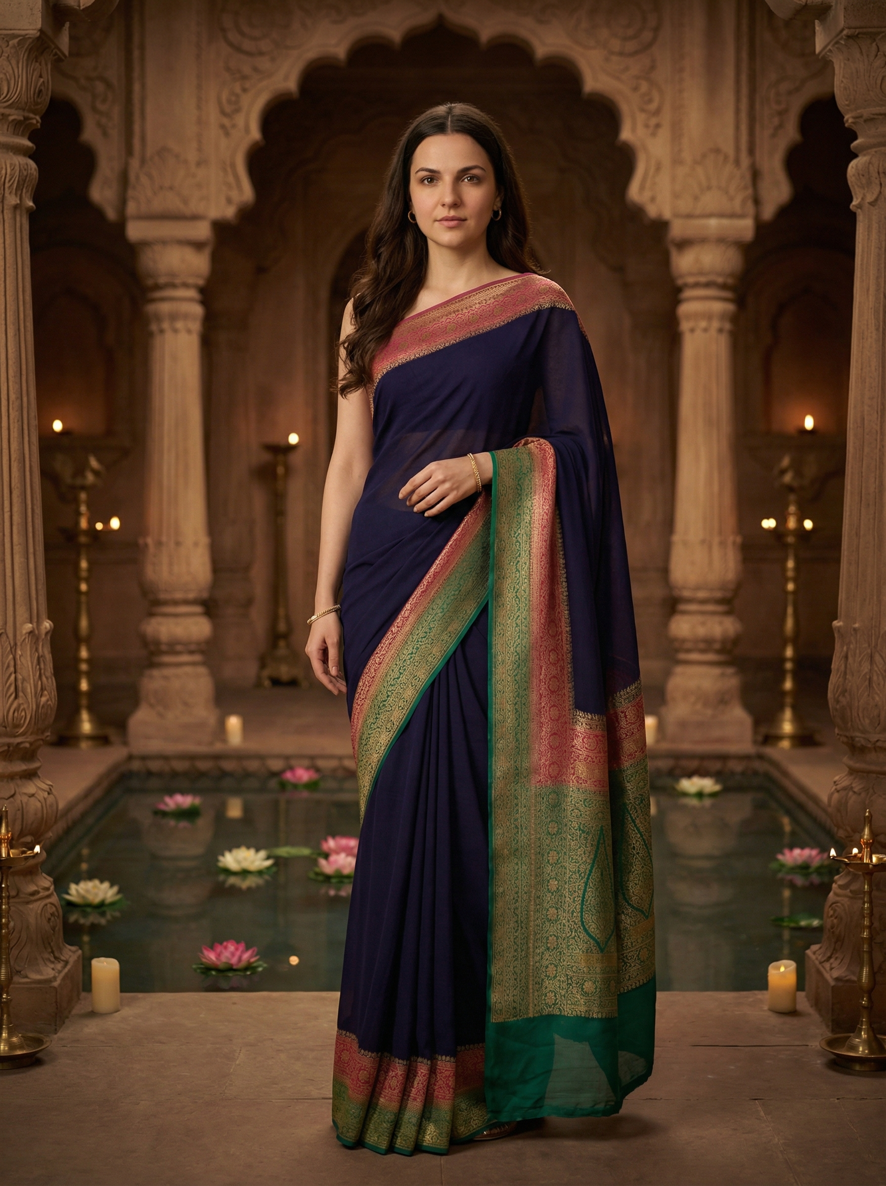 Georgette Banarasi  Midnight Blue Contrast Zari Border Saree
