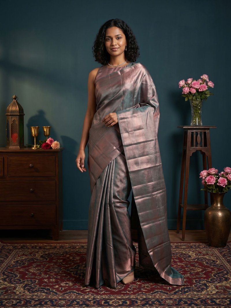 Woman in a metallic saree standing in a room with decorative elements.
