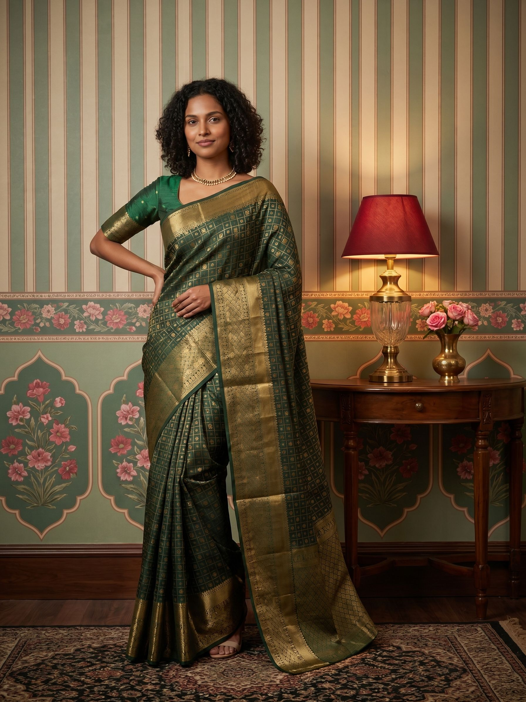 Woman in a green saree standing in a room with decorative walls and furniture.