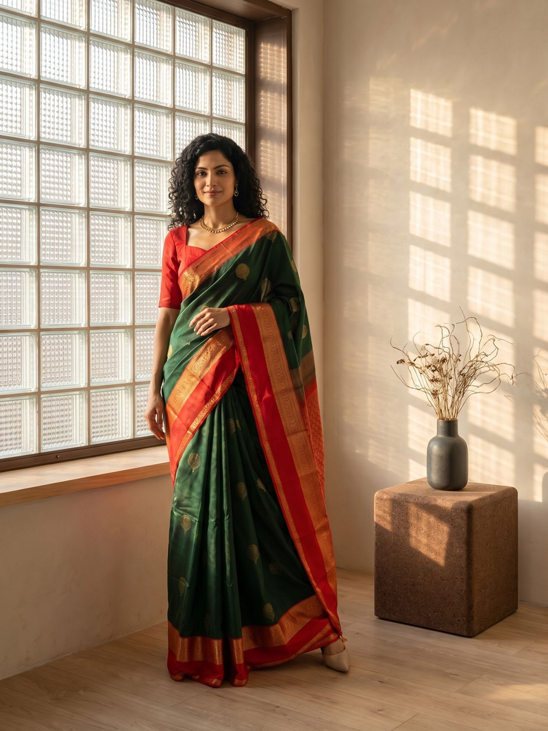 Woman in a green and red saree standing in a room with sunlight streaming through a window.