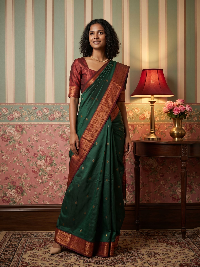 Woman in a green and red saree standing in a room with floral wallpaper and a lamp.