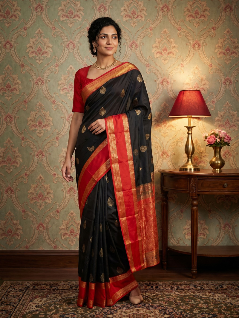 Woman in a black and red saree standing in a room with decorative wallpaper and a lamp.