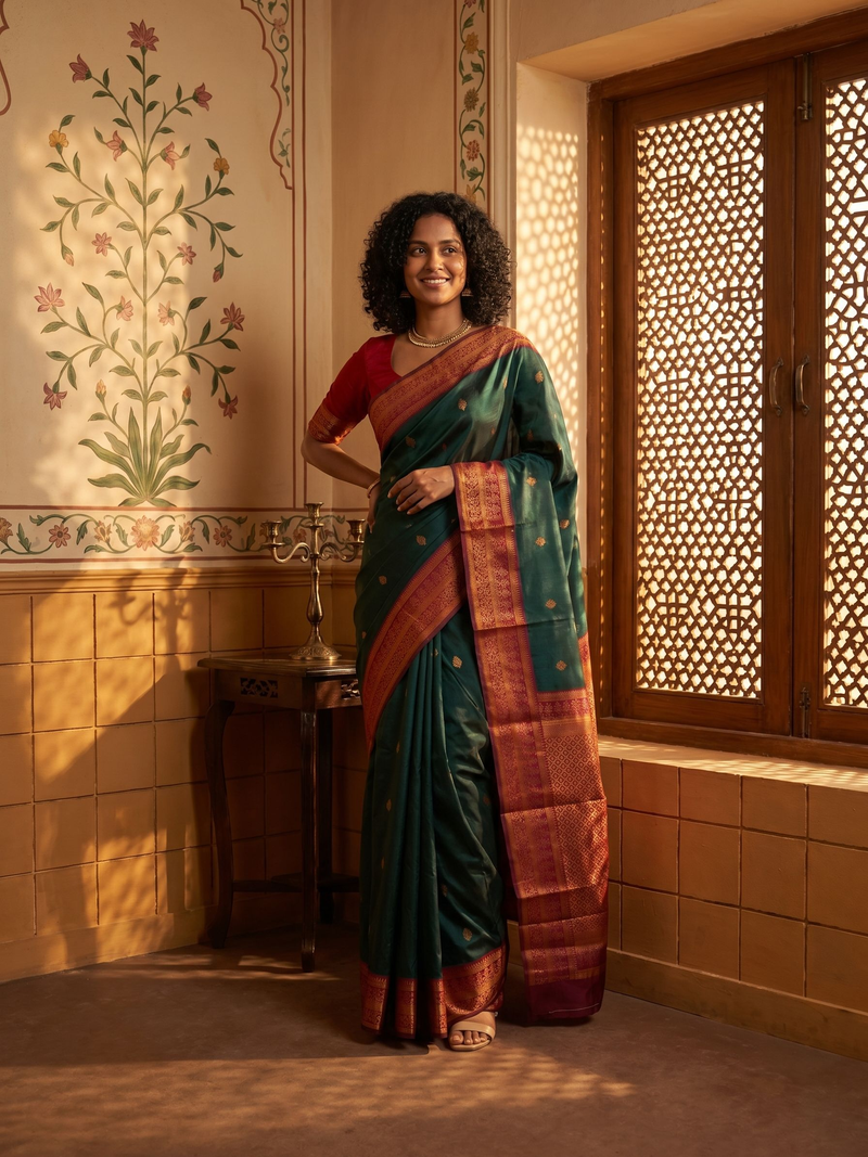 Woman in a traditional saree standing in a room with decorative wall and window.