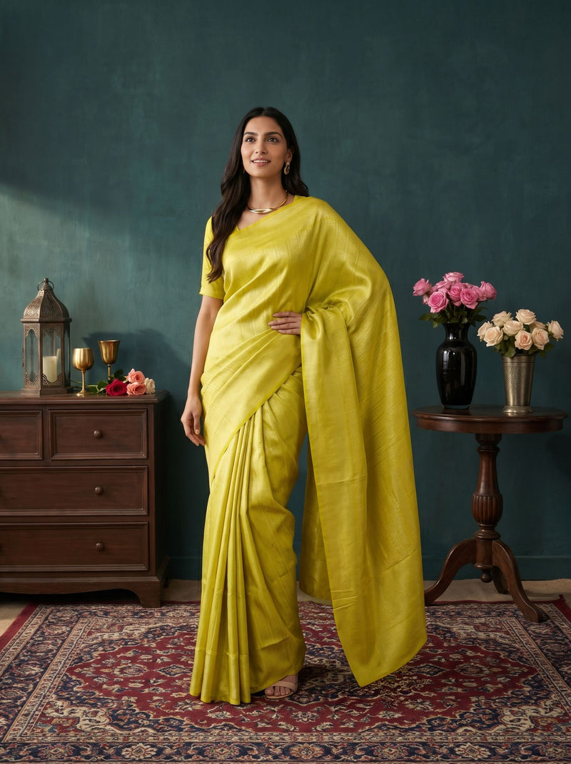 Woman in a bright yellow saree standing in a room with decorative elements.