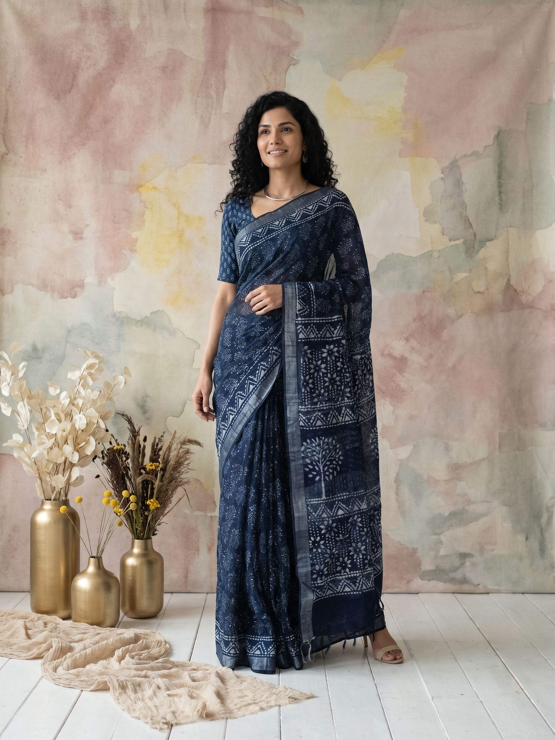 Woman in a blue saree standing against a colorful abstract wall with decorative vases and plants on a white floor.