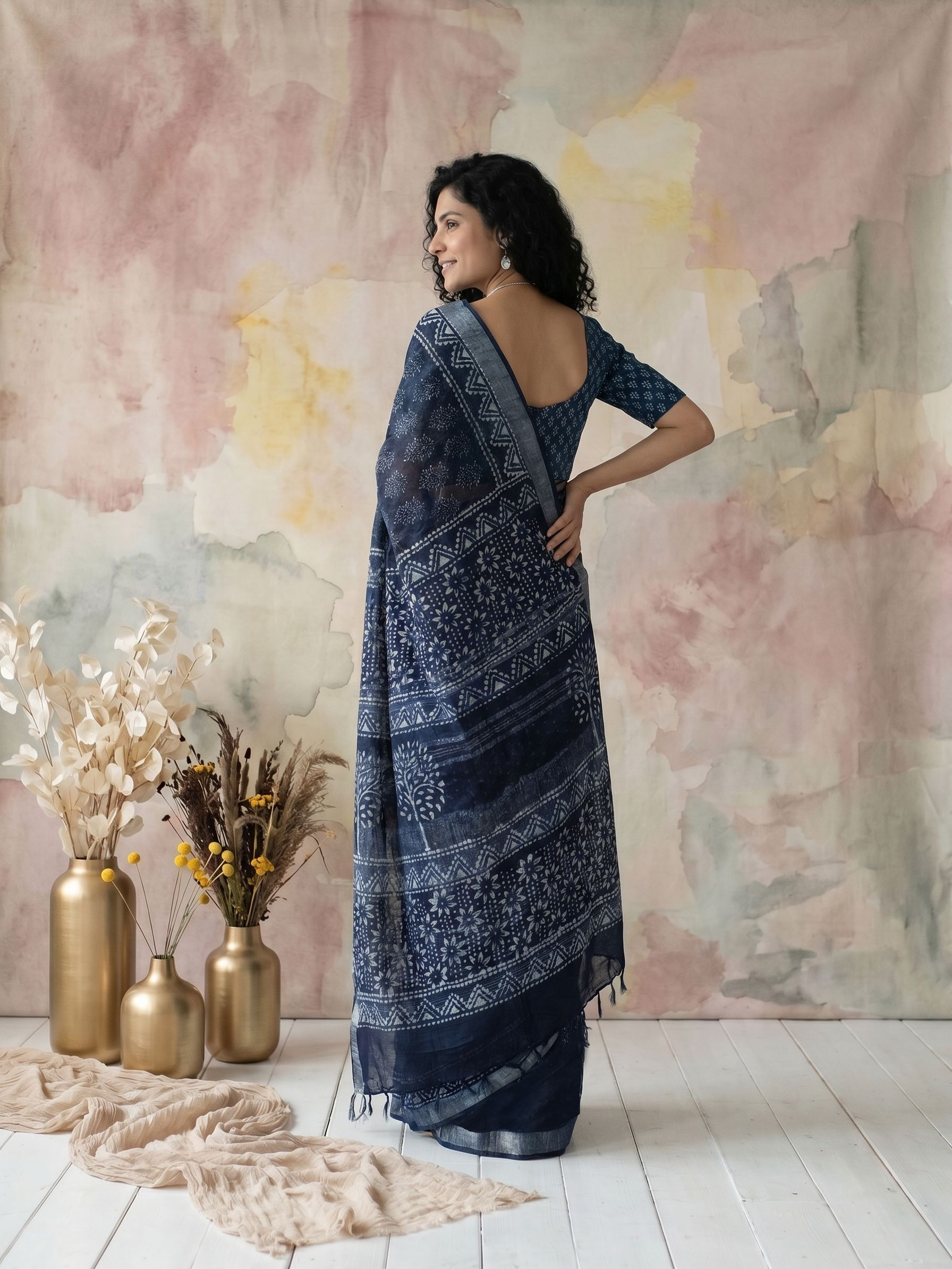 Linen Indigo Blue Batik Printed Saree with Zari Border